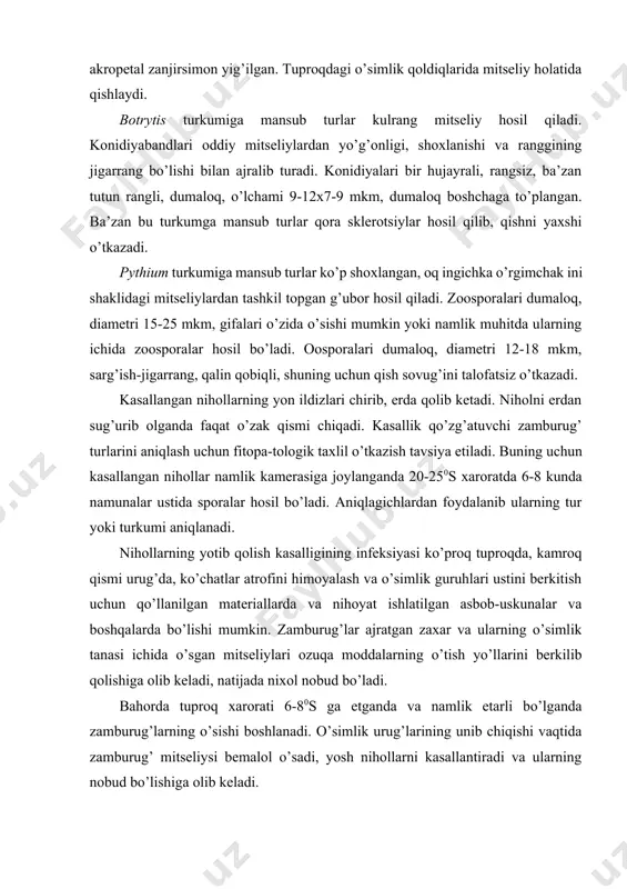 ik tanasi ichida o’sgan mitseliylari ozuqa moddalarning o’tish yo’llarini berkilib qolishiga olib keladi, natijada nixol nobud bo’ladi. bahorda tuproq xarorati 6-80s ga etganda va namlik etarli bo’lganda zamburug’larning o’sishi boshlanadi. o’simlik urug’larining unib chiqishi vaqtida zamburug’ mitseliysi bemalol o’sadi, yosh nihollarni kasallantiradi va ularning nobud bo’lishiga olib keladi. kasallik juda tez rivojlanib, tarqalish o’chog’iga aylanadi, ayniqsa may oylaridagi yog’ingarchilik va havo haroratining past kelishi, urug’larning chuqur ekilishi, tuproq yuzasida qatqaloqlarning paydo bo’lishi, tuproqqa dezinfeksiyalanmagan kompost solish, chirimagan o’simlik qoldiqlari bilan sepilgan urug’larni berkitish, urug’larni qalin ekish va boshqalar kasallikning tarqalishini kuchaytirib yuboradi. kasallik kuniga 4-5 sm masofaga tarqaladi. ba’zan kasallik epifitotiyasi hosil bo’ladi. quruq va issiq havo sharoitida zamburug’ o’sishdan to’xtaydi, ular konidiya va xlamidosporalar hosil qiladi. bu davrda nihollarning yotib qolishi ham kamayadi. kasallangan nihollarning ba’zilarida ildiz bo’g’zi yonida qo’shimcha ildizlar paydo bo’ladi va shular hisobiga u saqlanib qoladi. yoz oxirlarida mitseliylar yana o’sa boshlaydi, ammo u nihollarni kasallantira …