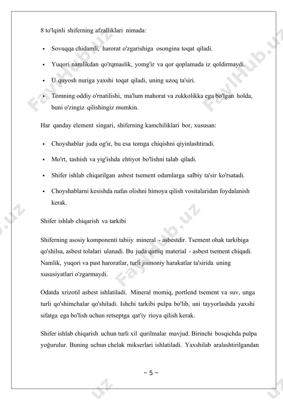 kerak. oldindan qo'llaniladigan belgilarga ko'ra, slanetsni mahkamlash uchun teshiklarni oldindan burg'ulash yaxshiroqdir. teshik diametri mahkamlagich diametridan 3 mm kattaroq bo'lishi kerak. asbest-sement shiferi uzoq vaqtdan beri eng mashhur tom yopish bo'lib kelgan. qurilish bozorida yangi materiallar paydo bo'lishi bilan uning iste'moli kamaydi. hozirda u takomillashtirilmoqda. asbest asosidagi ikki tomonlama himoya qoplamasi shiferni ekologik jihatdan qulay qildi. rangli choyshablar ishlab chiqarish foydalanish ko'lamini kengaytirdi. shubhasiz, bu material ishlash xususiyatlariga ko'ra eng arzon tom yopish bo'lib qolmoqda. tom yopish ishlarini boshlashdan oldin, butun tomning skeletiga (truss tizimi) rulman yukini hisoblash kerak. va buning uchun, agar ushbu tom yopish materiali ishlatilsa, 8 to'lqinli shifer va 7 to'lqinli shiferning og'irligini hisoblash juda muhimdir. shuni esda tutish kerakki, noto'g'ri hisob-kitoblar birinchi navbatda tom skeletining cho'kishi, keyin esa uni yo'q qilish bilan tahdid qiladi. quyidagi maqolada biz 8 va 7 to'lqinlar uchun shifer varag'ining og'irligi qancha ekanligini batafsil tahlil qilamiz (chunki bu xususiy qurilishda ishlatiladigan material …