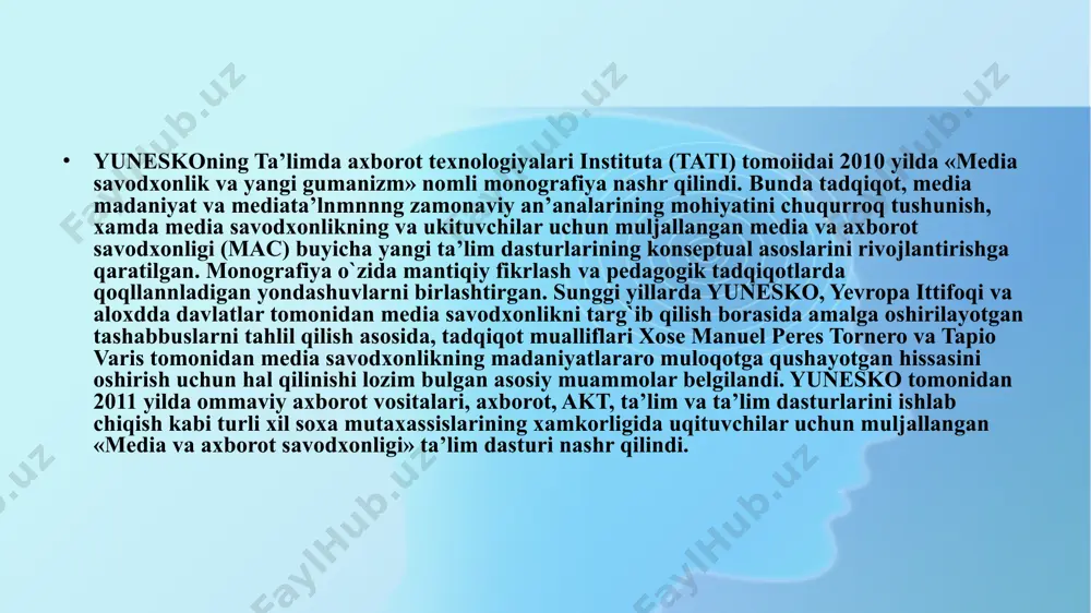 etilgan. dasturni rossiya media kontekstining uziga xosliklarini xisobga olgan xolda maxalliylashtirish va tadbik etish yullarini zfganish maksadida institut tomonidan yuneskoning moskva shaxridagi byurosi va «axborot hamma uchun» yunesko dasturining rossiya kumitasi bilan xamkorlikda 2011 yil dekabr oyida va 2012 yil iyun oyida ikkita mutaxassislar kengashi tashkil etildi. mazkur kengashlar tati bilan xamkorlikda mediata’lim fin jamiyatining ekspertlari bilan tayyorlangan «media va axborot savodxonligini shakllantirishning pedagogik jixatlari» darsligining konsepsiyasi va loyixasi rossiya, belorusiya, meksika va norvegiya davlatlarining media va axborot savodxonligi buyicha mutaxassislari tomonidan muxokama kilindi. darslik mac kunikmalarini shakllantirishning pedagogik asosini yaratish va bu ko`nikmalarni baholash yullarini taklif qilish uchun muljallangan. mavzu:qisqa metrajli vizual media mahsulotlar yaratish media-ta’lim hozirgi davrda shaxs¬ning ommaviy axborot vositalari orqali rivojlanish jarayonini anglatadi. media-ta’lim — bu media mahsulotlari bilan: • muloqot madaniyatini kommunikativ imkoniyatlari tanqidiy tafakkuri media¬matnini to‘liq qabul qilish; • intepritatsiya etish; • tahlil qilish hamda baholashdan iborat. media-savodxonlik insonga ekranli san’atni: • televideniye; • …