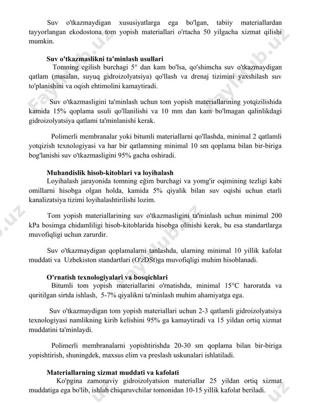 yaxshilash suv to'planishini va oqish ehtimolini kamaytiradi. suv o'tkazmasligini ta'minlash uchun tom yopish materiallarining yotqizilishida kamida 15% qoplama usuli qo'llanilishi va 10 mm dan kam bo'lmagan qalinlikdagi gidroizolyatsiya qatlami ta'minlanishi kerak. polimerli membranalar yoki bitumli materiallarni qo'llashda, minimal 2 qatlamli yotqizish texnologiyasi va har bir qatlamning minimal 10 sm qoplama bilan bir-biriga bog'lanishi suv o'tkazmasligini 95% gacha oshiradi. muhandislik hisob-kitoblari va loyihalash loyihalash jarayonida tomning eğim burchagi va yomg'ir oqimining tezligi kabi omillarni hisobga olgan holda, kamida 5% qiyalik bilan suv oqishi uchun etarli kanalizatsiya tizimi loyihalashtirilishi lozim. tom yopish materiallarining suv o'tkazmasligini ta'minlash uchun minimal 200 kpa bosimga chidamliligi hisob-kitoblarida hisobga olinishi kerak, bu esa standartlarga muvofiqligi uchun zarurdir. suv o'tkazmaydigan qoplamalarni tanlashda, ularning minimal 10 yillik kafolat muddati va uzbеkiston standartlari (o'zdst)ga muvofiqligi muhim hisoblanadi. o'rnatish texnologiyalari va bosqichlari bitumli tom yopish materiallarini o'rnatishda, minimal 15°c haroratda va quritilgan sirtda ishlash, 5-7% qiyalikni ta'minlash muhim ahamiyatga ega. suv …