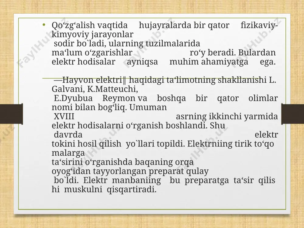 iga ko`ra qo’yidagicha bo`ladi: xlorenxima, so`ruvchi, g`amlovchi, suv g`amlovchi va aerenxima. mexanik to`qimaning vazifasi o`simliklarga mustahkamlik berishdan iborat. mexanik to`qimalar kelib chiqishiga ko`ra 3 xil bo`ladi, a) kollenxima, b)sklerenxima, v)sklereid- toshsimon hujayralar. кollenxima maxanik to`qimasi parenximali tirik hujayralardan tashkil topgan bo`lib, ikki pallali o`simliklarga xos bo`ladi. sklerenxima maxanik to`qimasi esa prozenximali o`lik hujayralardan tashkil topgan bo`lib, bir pallali o`simliklarga xos bo`ladi. o`tkazuvchi to`qimaning vazifasi o`zidan suv va oziqani o`tkazishdan iborat. ya`ni ildiz orqali shimib olgan suv va unda erigan mineral moddalarni barggacha (ko`tariluvchi oqim), bargda hosil bo`lgan fotosintez mahsulotalrini ildizgacha (tushuvchi oqim) o`tkazib boradi. adabiyotlar: burigin. v. a. jongurazov. f. x. botanika “o`qituvchi” t.: 1977. кursanov. v. a. кamarniskiy n. a va bosh.- botanika “o`qituvchi” 1977. i ii tom. hamdamov i, shukrullayev p va boshqalar- botanika asoslari “mehnat” t.: 1990. soxabiddinov. s. “o`simliklar sistematikasi” i ii bob. “o`qituvchi” t.: 1976. hamidov “o`simliklar geografiyasi” “o`qituvchi” t.: 1984. belolipov. i. v. sheraliyev. …
