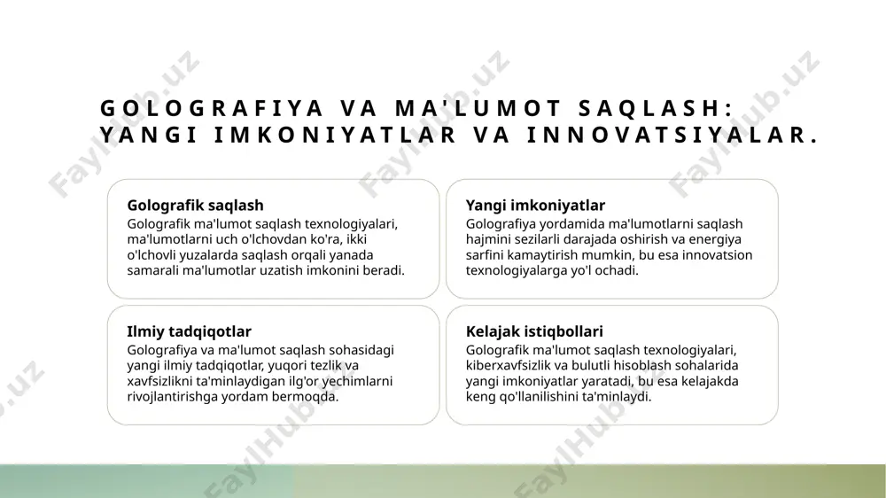 bu esa ko'plab ilmiy va amaliy sohalarda inqilobiy o'zgarishlarga olib keladi. holografik texnologiyalar, masalan, 3d hologramlar yaratish va ma'lumotlarni tezkor va samarali saqlashda qo'llaniladi, bu esa raqamli saqlashni yangilaydi. golografik ma'lumot saqlash texnologiyalari, yuqori zichlik va xavfsizlikni ta'minlab, kelajakda texnologik taraqqiyotda muhim rol o'ynaydi, shu bilan birga, yangi ilmiy tadqiqotlar uchun asos yaratadi. kosmologiyada golografiyaning ma'lumot saqlash imkoniyatlari. koinotda ma'lumotlar kosmologiyada holografiya, koinotdagi ma'lumotlarni saqlash va ularni anglash uchun yangi usullarni taqdim etadi, bu esa ilmiy tadqiqotlarni rivojlantiradi. holografik model holografik model, koinotning barcha ma'lumotlarini chegara yuzasida aks ettirish orqali, yangi nazariyalar va tushunchalarni taklif etadi, koinotni o'rganishni osonlashtiradi. ma'lumotni siqish holografik tamoyillar yordamida, koinotdagi ma'lumotlarni siqish va saqlash jarayonlari optimallashtiriladi, bu esa ma'lumotlarni samarali boshqarishga imkon beradi. golografiya va raqamli saqlash: kelajakdagi innovatsiyalar. 1 holografik texnologiyalar - holografik texnologiyalar raqamli saqlashda yangi imkoniyatlar ochmoqda, ma'lumotlarning yuqori zichlikda saqlanishi va tezkor qayta ishlanishini ta'minlaydi. 2 innovatsion saqlash - holografik ma'lumot …