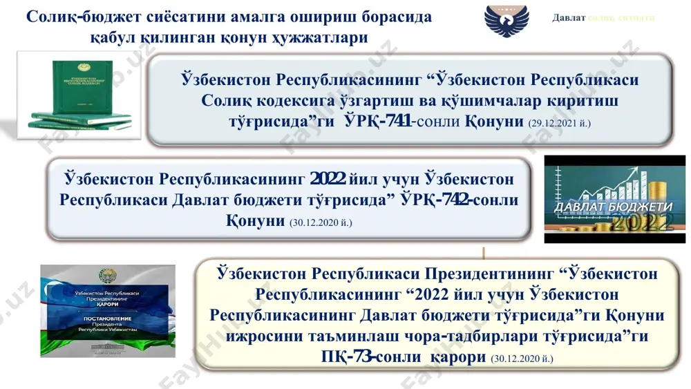 ш,агар товарлар ва(ёки) мол-мулк қайта ишлаш маҳсули шаклида шарномада белгиланган муддатда қайтарилмаган бўлса қўшилган қиймат солиғининг солиқ солиш объекти 14.эркин божхона худудининг божхона тартиб-таомилига солиқ тўламасдан жойлаштирилган товарларни йўқотиш,бошқа холатларда солиқни тўлаш бўлган тартибда 15.қайтарилиши лозим бўлган,кўп мартда муомилада бўладиган идишларни сотувчи томонидан берилиши,агар идиш бундай идишдаги маҳсулотни етказиб беришга доир шартномада белгиланган муддатда қайтарилмаса қўшилган қиймат солиқларини ҳисоблаб чиқаришмазмун моҳияти қўшилган қиймат солиқларини ҳисоблаб чиқариш мазмун моҳияти умумий ҳолда, реализация қилинганда товар(иш, хизмат) нархига ққс қўйилган ҳолда аниқланади умумий ҳолда, реализация қилинганда товар(иш, хизмат) нархига ққс қўйилган ҳолда аниқланади умумий ҳолда, реализация қилинганда товар(иш, хизмат) нархига ққс қўйилган ҳолда аниқланади солиқларни ҳисоблаб чиқариш мазмун моҳияти умумий қоида: реализация х 15 % таннархидан паст нархларда реализация қилинса: таннарх х 15 % таннархидан паст нархларда экспортга реализация қилинса: экспортга ҳақиқий реализация х 0 % бажарилган қурилиш ишлари бўйича: бажарилган иш ҳажми х 15 % солиқларни ҳисоблаб чиқаришмазмун моҳияти ўзбекистон республикасининг “ўзбекистон …