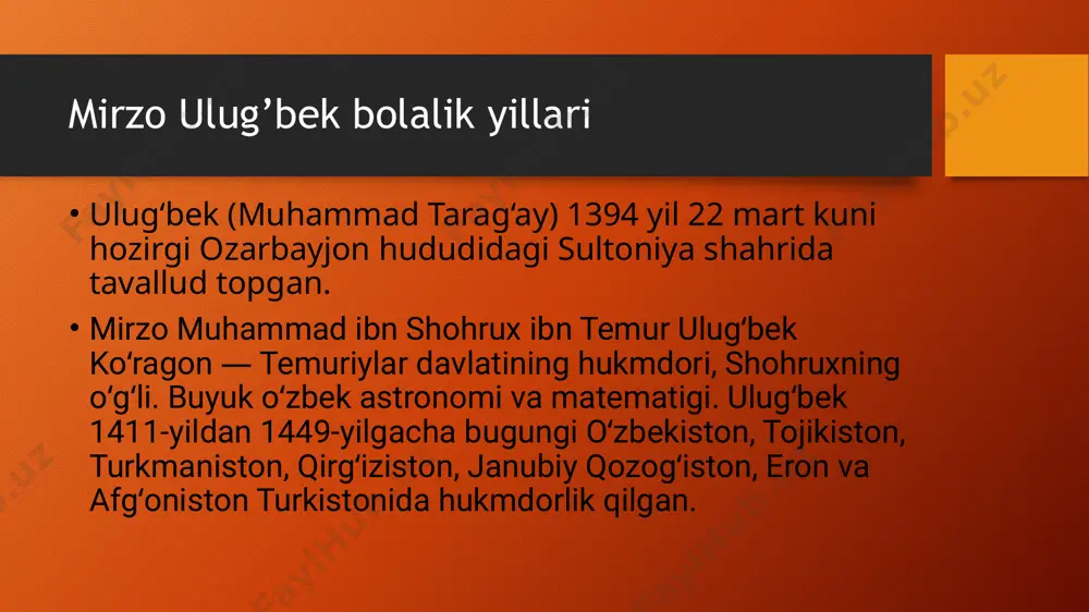 turkum yaratilishi jahon astronomiya fani xazinasiga qo‘shilgan ulkan hissa hisoblanadi. mirzo ulug‘bekning yuqori ma’naviy va sezilarli merosi dunyoning yetakchi o‘quv muassasalarida va ilmiy markazlarida o‘rganib kelinadi. o‘zbekiston respublikasining birinchi prezidenti islom karimovning tashabbusi bilan, o‘zbekiston milliy universiteti ushbu atoqli olim sharafiga nomlanganligi respublikaning bugungi yuqori ilmiy-ma’naviy qudratini tasdiqlaydi. 1994 yil olim tavalludining 600 yillik yubileyi xalqaro miqyosda nishonlangan, shu sabab, xorij olimlari, mutaxassislari va jamoat arboblari ishtirokida bir qator tadbirlar o‘tkazilgan. 2009 yil parijda mirzo ulug‘bek tavalludining 615 yilligiga bag‘ishlangan xalqaro ilmiy anjuman o‘tkazilgan. anjumanda 130 dan ziyod olimlar va turli xalqaro tashkilot vakillari ishtirok etgan. o‘tkazib kelinayotgan tadbirlardan butun dunyoda mirzo ulug‘bekning ilmiy va ma’naviy merosiga bo‘lgan qiziqish naqadar ulkanligi yaqqol ko‘rinib turibdi. e’tiboringiz uchun rahmat. image2.png image3.png image4.jpeg image5.jpeg image6.jpeg image7.jpeg image8.jpeg image9.jpeg image10.jpeg image11.jpeg image12.jpeg image13.jpeg image14.jpeg image15.jpeg image1.png /docprops/thumbnail.jpeg