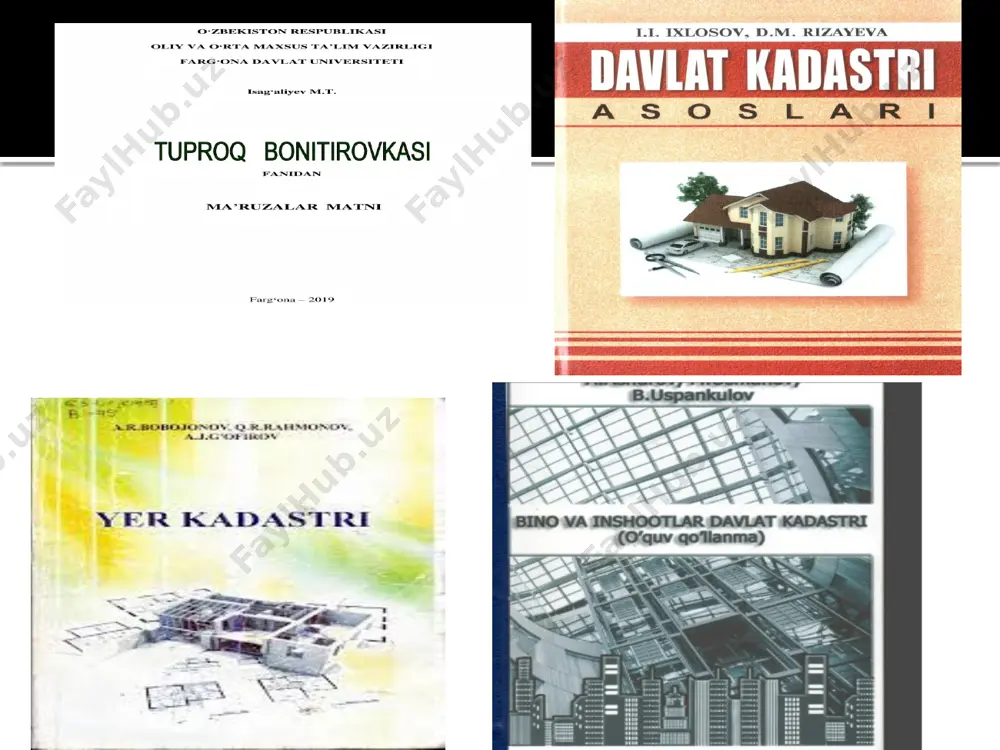 mborxonalar va noishlab chiqarish aha-miyatiga molik bo’lgan boshqa shunga o’xshash inshoot-lar. ikkinchi guruh (b) - bu bozori endigina shakl-lanayotgan ko’chmas mulklar, ishlab chiqarish obyektlari, yеr, tugallanmagan qurilishlar kiradi. ko’chmas mulkning barcha turlari kadastrli bazaviy qiymatga ega bo’lishlari zarur, qaysiki ulardan soliqqa tayyorlash uchun foydalanish mumkin, u manfatdor tomonlari uchun bozor bahosining asosi bo’lib xizmat qilishi mumkin va hakozo. shu mazmunda ko’chmas mulk-ning bahosini shakllantirish tizimi alohida harakatda, ya'ni, hisob - kitob haraktеriga ega bo’ladi, qaysiki u bozor axborotiga yoki “nazariy” bozor bahosini aniqlash mumkin bo’ladigan asosdagi bozor ko’rsatkichlariga asoslanadi. ko’chmas mulklar kichik guruhi: yashash uylari (ko’p xonadonli uylardagi xonadonlar, shaharlardagi kattеjlar, chorbog’lar yashash uchun mo’ljallangan qishloq joylardagi boshqa binolar), ofis binolari (ofis binolari, yashash uylaridagi ofislar, aholi yashaydigan binolardagi ofislar va boshqa ofislar), savdo korxonalari (alohida turgan binolar, vaqtinchalik alohida turgan savdo binolari, savdo-sotiqqa mo’ljallangan binolarda joylashgan savdo korxonalari va boshqa savdo korxonalari), omborxonalar (omborxona maqsadidagi bino va inshootlar, omborxona …