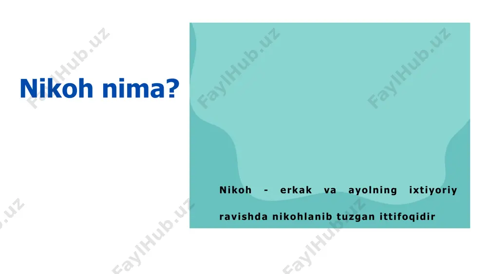 r: fuqarolik holati dalolatnomalarini yozish organiga bevosita borgan holda nikohni qonuniy rasmiylashtirish nikohlanuvchilar: my.gov.uz portali orqali ariza berishlari mumkin. nikohni rasmiylashtirish nikohga kirish haqidagi arizani berishda shaxsni tasdiqlovchi hujjatlar: fuqarolik pasporti; xorijga chiqish pasporti identifikatsiyalovchi id-karta harbiy xizmatchining shaxsiy guvohnomasi yoki harbiy bileti ko‘rsatilishi kerak. fuqarolik holati dalolatnomalarini qayd etish qoidalari nikohni rasmiylashtirish nikoh nikoh tuzishni xohlovchi shaxslar bu to‘g‘rida belgilangan namunadagi yozma yoki elektron ariza bilan murojaat etgan kundan keyin bir oy o‘tgach fhdy organi tomonidan qayd etiladi. fhdy organi mudiri uzrli sabablar bo‘lganda hamda arizachilarning iltimoslariga ko‘ra bir oylik muddatni qisqartirishi mumkin. bunda uzrli sabablarni tasdiqlovchi: bolalarining tug‘ilganligi haqidagi guvohnomalari tibbiyot muassasasining kelinning homiladorligi haqidagi ma’lumotnomasi bir tarafning kasalligi haqidagi ma’lumotnomasi xizmat safari to‘g‘risidagi guvohnoma va shu kabi hujjatlar fhdy organlari tomonidan nikohlanuvchi shaxslarning nikoh tuzilganligini qayd etish to‘g‘risidagi arizasini qabul qilishda belgilangan tartibda tibbiy ko‘rikdan o‘tish uchun yo‘llanma beriladi nikohlanuvchi shaxslarni tibbiy ko‘rikdan o‘tkazish nikohlanuvchi shaxslar quyidagi …