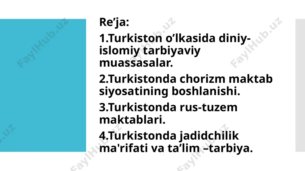 anning izdoshi general leytenant n.o. rozenbax davom ettirib, ibtidoiy turdagi yangi maktablar — rus-tuzem maktablari tarmogʻini yaratish loyihasini ishlab chiqdi. birinchi rus-tuzem maktabi 1884-yil 19 dekabrda toshkentda ochilgan. unda 41 bola oʻqigan. 1891-yil xivada, 1894-yil buxoroda ham ochilgan. ularning soni xix asr oxirida 100 dan oshgan. rus-tuzem maktablarida taʼlim muddati 4 oy boʻlgan. rus-tuzem maktablari ruscha va mahalliy sinflarga boʻlingan. rus tili, oʻqish, yozish, hisob, geometriya, tarix, boshlangʻich oʻzbek tili, arab tili va islom dini asoslari oʻqitilgan. rus tili, hisob, yozuv, geometriya, tarix darslarini rus oʻqituvchisi, oʻzbek tili, arab tili, islom dini asoslarini oʻzbek muallimi oʻqitgan. saidrasul saidazizovning "ustodiavval" (1902), aliasqar kalininning "muallimi soniy" (1903), s.m.gramenitskiyning 3 qismdan iborat oʻqish kitoblari rus-tuzem maktablari o‘quvchilarining asosiy darsliklari boʻlgan. yangi usul maktablari — musulmon maktablarining taʼlim usuli va dasturlarini isloh qilib, bolalarga ona tilida xatsavod oʻrgatgan va yangilik gʻoyalarini ilgari surgan oʻquv yurtlari. dastlab qrimning boqchasaroy shahrida 1884-yil maʼrifatparvar ismoilbek gasprinskiy tomonidan …