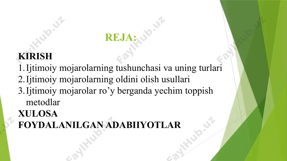 aytiradi va ziddiyatlarni hal qilishga yordam beradi. muloqot jarayonida, har bir tomon o'z fikrlarini ifoda etish imkoniyatiga ega bo'ladi. boshqalarni tinglash va ularning fikrlarini hurmat qilish, ijtimoiy munosabatlarni mustahkamlashga yordam beradi. shuningdek, ijtimoiy tarmoqlar orqali ham muloqotni rivojlantirish mumkin, bu esa keng auditoriyaga yetib borishga yordam beradi. ijtimoiy mojorolarni oldini olishda metodik vositalar ijtimoiy integratsiya, turli guruhlar o'rtasida aloqalarni kuchaytiradi. madaniy tadbirlar yoki sport musobaqalari kabi faoliyatlar orqali odamlar bir-biri bilan tanishadilar va o'zaro aloqalarini mustahkamlaydilar. ko'p madaniyatli muhitni yaratish va qo'llab-quvvatlash, turli xalqlar o'rtasidagi tushunmovchiliklarni kamaytiradi. bu, o'z navbatida, ijtimoiy barqarorlikni ta'minlaydi. ijtimoiy mojorolarga yechim berish mediatsiya jarayoni, mojarolar yuzaga kelganda samarali echim topishga yordam beradi. mediatorlar yordamida olib boriladigan muzokaralar, taraflarni bir-biriga yaqinlashtiradi va ziddiyatlarni hal qilishga imkon yaratadi. mediatsiya jarayonida taraflar o'z fikrlarini ifoda etish imkoniyatiga ega bo'lib, bu ularning o'zaro tushunishini oshiradi. xulosa ijtimoiy mojarolarni oldini olish uchun ko'p qirrali yondashuv zarur. ochiq muloqot, ta'lim, ijtimoiy …