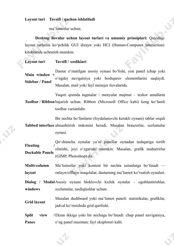 anuvchidan va kontekstdan kelib chiqib layout tanlashda ko‘rsatma sifatida berilgan: ekran maydoni (screen real estate) qiymati · mobil qurilmalarda har bir piksel-joy (pixel-area) muhim; shuning uchun layoutda banner, grafik, dekorativ elementlar ekran joyini behuda egallamasligi kerak. · foydalanuvchi ekranda nimani ko‘rib turganini tez anglashi lozim, shuning uchun keraksiz elementlar kamroq bo‘lishi zarur. vizual ierarxiya (hierarchy of information) · muhim elementlar kattaroq, yuqoriroq, ahamiyatli joyda bo‘lishi kerak — ularning o‘lchami, shakli, kontrasti, rang va joylashuvi orqali. · qimmatli ekransimon joydan foydalangan holda foydalanuvchiga birinchi qarashda asosiy ma’lumotni ko‘rsatuvchi elementlar (title, navigation, cta) joyi aniq belgilanishi kerak. doimiy (consistency) va shablonlardan foydalanish (templates / wrappers) · layout elementlari — chekka (margin), navigatsiya paneli, tegishli banner, menyu kabi umumiy elementlar — butun ilova bo‘ylab mos bo‘lishi kerak. · “wrapper” konsepti: umumiy qismlar (masalan, title, fixed menu) sahifalarning har birida joylashib, ularni takrorlamaslik, tuzilmasini saqlab qolish. kontekst va foydalanuvchi konteksti (context & context-of-use) · …