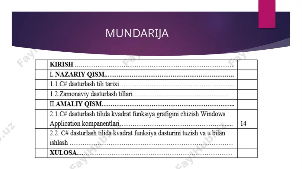 funksiya grafigini chizish windows application kompanentlari. fan va texnikaning turli sohalarida kvadrat funksiyalar deb ataladigan funksiyalar uchraydi. misollar keltiramiz. tomoni x bo’lgan kvadrat yuzi y=x2 formula bo’yicha hisoblanadi. agar jism yuqoriga v tezlik bilan otilgan bo’lsa, u holda t vaqtda undan yer sirtigacha masofa formula bilan aniqlanadi, bunda s0 –vaqtning t=0 boshlang’ich paytidagi jismdan yer sirtigacha bo’lgan masofa. bu misollarda y=ax2+bx+c ko’rinishidagi funksiyalar qaraldi. birinchi misolda a=1, b=0, c=0, ikkinchisida esa a=-g/2, b=v, c=s0 , o’zgaruvchilar esa mos ravishda x va y hamda t va s harflari bilan belgilandi. ta’rif. y=ax2+bx+c funksiya kvadrat funksiya deyiladi, bunda a, b va c – berilgan haqiqiy sonlar, a0, x-haqiqiy o’zgaruvchi. a,b,c larg ixtiyoriy son olamiz va natija quyidagicha: ilova davomi… e’tiboringiz uchun tashakkur image1.jpeg image2.png image3.png image4.jpeg image5.jpeg image6.jpeg image7.png image8.png image9.png image10.png image11.png image12.png image13.png image14.png /docprops/thumbnail.jpeg
