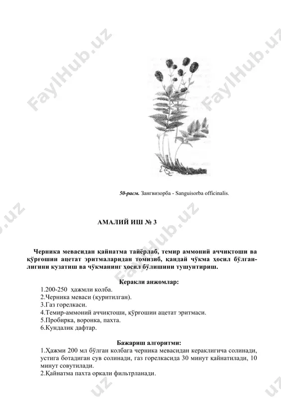 қалиши -- ватани тропик африка, мадагаскар. 3.маҳсулот тайёрлаш -- каланхойни маҳсулот сифатида сербаргли ёш новдалари октябр ойининг охирида қирқиб олинади, пресслаш йўли билан шираси олинади ва заводга юборилади. 4.маҳсулотнинг ташқи кўриниши -- маҳсулот сербарг новдадан иборат. пояси сершира, пастки қисми цилиндирсимон, юқориси тўрт қиррали, узунлиги 50 см гача. барглари узун бандли, этли, сершира элипссимон ёки тухумсимон, тумтоқ тишсимон қиррали, узунлиги 20 см гача, эни 10 см гача. юқоридаги барглари баъзан 3-5 тухумсимон бўлакли. барг қиррасида куртаклар бўлиб, ундаги ёш, янги ўсимлик тараққий этади. маҳсулот кучсиз ҳид, нордон бир оз буриштирувчи мазага эга. 5.кимёвий таркиби: барг ва поянинг шираси таркибида флаваноидлар, ошловчи моддалар витамин с, полисахаридлар, органик кислоталар мавжуд. 6.ишлатилиши - iii - даражали куйган жойларни, яралар, жароҳатлар хамда оқма яраларни даволашда биостимулятор ва яллиғланишга қарши восита сифатида қўлланилади. 7.доривор препаратлари - янги йиғилган барг ва поядан олинган шира. 8.ўсимликнинг тўлиқ тавсифи кундаликка ёзилади. амалий иш № 2 қовоқ уруғи маҳсулотини …