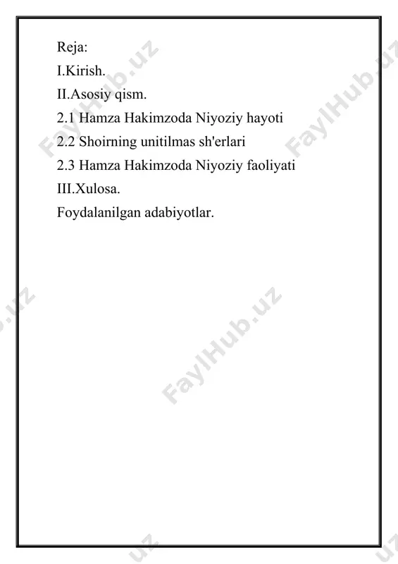 r, · otasiz, baxtsiz yetimlar holiga faryoddir. · shunday sharoitda hamza «bir iloj qilib kambag’al bolalarni aqchasiz... tarbiya va o`quvga boshlarini band qilmoq...» choralarini izlaydi, she’r va maqolalarida bolalarni o`qishga chaqiradi. bu g`oyani hamza «o`qi» she’rida bayon etadi. o`sha yili u yetim va kambag’al bolalar uchun «doril yetim» («yetimlar maktabi»)ni ochadi va o`zi o`qituvchilik qiladi. hamza birinchi sinf o`quvchilari uchun «yengil adabiyot», 2-sinf uchun «axloq hikoyalari» o`qish kitoblarini tuzadi. · hamza 1915 -yilda marg`ilonga borib, kambag`al bolalari uchun maktab ochadi. 1918- yilda esa farg`onaga borib o`qituvchilikni davom ettiradi va u yerdagi yosh san’atkor-ixlo s mandlarni to`plab, · “ sayyor dramtruppa” tashkil qiladi. 1919- yilning boshlarida hamza qo`qondagi boqimsiz bolalar uyiga mudir qilib tayinlanadi. bu yerda u uch sinfli maktab ochib, o`zi o`qituvchilik qiladi. 1922-1924 yillarda shoir qoraqalpog`istonning xo`jayli tumanidagi bolalar uyi mudiri va o`qituvchisi bo`lib ishlaydi. 1925- yilda esa u farg’onaning avval qishlog’iga o`qituvchi qilib tayinlanadi va g’oyat og’ir sharoitda …