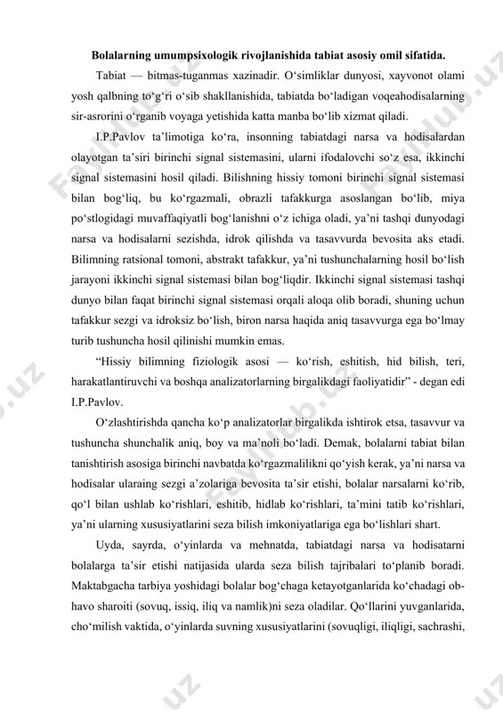 ar ularaing sezgi a’zolariga bevosita ta’sir etishi, bolalar narsalarni ko‘rib, qo‘l bilan ushlab ko‘rishlari, eshitib, hidlab ko‘rishlari, ta’mini tatib ko‘rishlari, ya’ni ularning xususiyatlarini seza bilish imkoniyatlariga ega bo‘lishlari shart. uyda, sayrda, o‘yinlarda va mehnatda, tabiatdagi narsa va hodisatarni bolalarga ta’sir etishi natijasida ularda seza bilish tajribalari to‘planib boradi. maktabgacha tarbiya yoshidagi bolalar bog‘chaga ketayotganlarida ko‘chadagi ob-havo sharoiti (sovuq, issiq, iliq va namlik)ni seza oladilar. qo‘llarini yuvganlarida, cho‘milish vaktida, o‘yinlarda suvning xususiyatlarini (sovuqligi, iliqligi, sachrashi, toshlarning suvda cho‘kishi yoki yog‘ochning suzib yurishi)ni payqay oladilar. xayvonlarni parvarish qilishda esa ularning harakatlarini, odatlarini bilib oladilar. bola tabiat bilan yaqin munosabatda bo‘lishi natijasida, undagi narsa va hodisalarni yaqqol ko‘rib, idrok qilish imkoniyatiga ega bo‘ladi. lekin ko‘pincha bola narsalarni payqamay qolishi yoki muhim bo‘lmagan tomonlarga diqqat qilib, idrok qilgan narsalarini noto‘g‘ri tasvirlashi mumkin. 3-4 yoshdagi bola uchayotgan qushlarni hamma vaqt ham sezmasligi mumkin. xayvonlarni uchratganda u birinchi navbatda uning kattaligiga e’tibor beradi, akvariumda suzib yurgan …