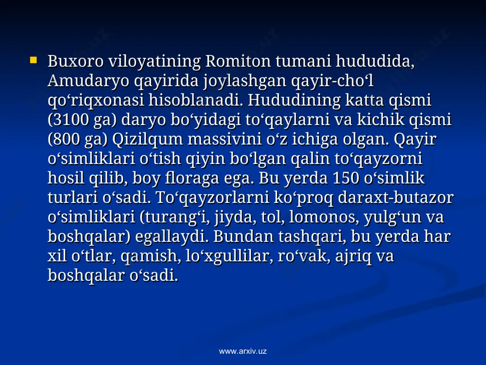 n yong‘og‘i o‘rik, qizilcha, qorag‘at, na’matak kabi o‘simliklar shular jumlasidandir. www.arxiv.uz www.arxiv.uz qo‘riqxona florasi qo‘riqxonaning g‘arbiy tyonshon hududida endemik o‘simliklar ko‘p o‘sadi. bu yerning o‘simlik dunyosi juda boy bo‘lib, 1100 dan ortiq turdagi o‘simliklar bor. bu o‘simliklardan 28 xili «o‘zbekiston respublikasi qizil kitobi»ga kiritilgan. tog‘ yon bag‘irlari asosan archalar bilan qoplangan. o‘simliklarning tarqalishiga qarab bu yerda ikki xil manzarani ko‘rish mumkin. daryo sohillarida qayin daraxti, o‘rta hududlarida esa qorag‘at, gilos, afg‘on teragi, semenov chinori, yunon yong‘og‘i, o‘rik va olcha kabi turli daraxtlar o‘sadi. www.arxiv.uz www.arxiv.uz www.arxiv.uz www.arxiv.uz qo‘riqxona faunasi qo‘riqxonaning hayvonot dunyosi xilma-xildir. bu yerda 44 xildagi sutemizuvchi, 230 turdagi qush, 16 xil sudralib yuruvchi, 2 xil suvda va quruqlikda yashovchi hamda 3000 xildan ortiq umurtqasiz jonivorlar yashaydi. shulardan 3 xil sutemizuvchi, 10 turdagi qush va bir tur ilon yo‘qolib ketish xavfi ostida. www.arxiv.uz www.arxiv.uz * hayvonlardan ko‘k sug‘ur, qor barsi, markaziy osiyo echkisi, bo‘rsiq, qushlardan esa tasqara, boltayutar kabi …