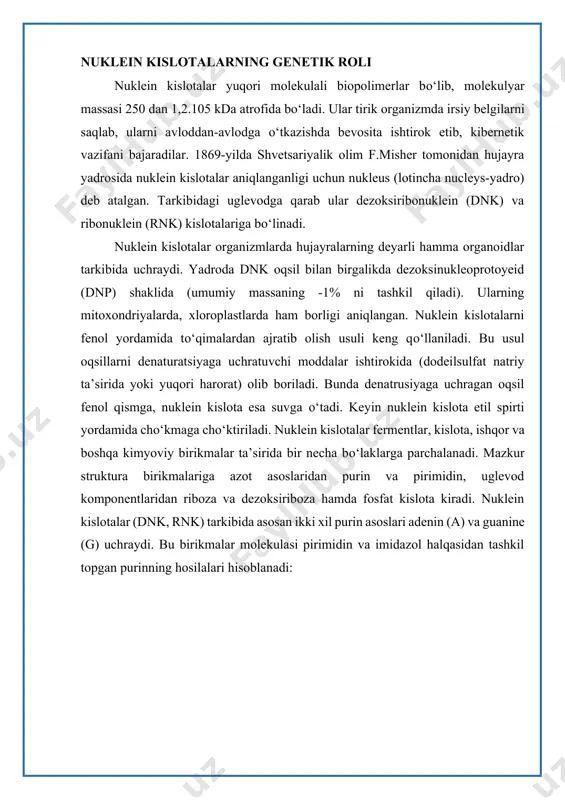 ishi c-2 / va c-3 / bog‘larini yanada mustahkamlab, dnk molekulasining fazoviy strukturasini kompakt, ixcham holatga keltirishda yordam beradi uotson va krikning gipotezasiga asosan dnk qo‘sh spiralining har bir zanjiri komplementar qiz zanjirlar hosil qilishda qolip (matritsa) vazifasini o‘taydi. bunda ona dnk gacha o‘xshash 2 ta 2 zanjirli qiz dnk molekulasi hosil bo‘ladi, har bir molekulasi 1 ta o‘zgarmagan ona dnk zanjirini saqlaydi. uotson–krik gipotezasi met mezelson va franklin stal tomonidan 1957-yilda bajarilgan tajribalar bilan tasdiqlangan. replikatsiya–genetik axborotni o‘tkazish usuli. (4-rasm) tekshirish natijalari shuni ko‘rsatadiki, uotson va krik gipotezasiga to‘la rioya qilgan holda har bir qiz dnk dupleksi hujayraning 2 ta ko‘payish siklidan keyin bitta ona zanjir, bitta yangi hosil bo‘lgan dnk qiz zanjirini saqlar ekan. replikatsiyaning bunday mexanizmini konservativ replikatsiya deb ataladi, chunki har bir qiz dnk da faqat bitta ona zanjir saqlangan. dnk replikatsiyasini yarim konservativ mexanizmi ichak tayoqchalari ustida olib borilgan tajribalarda tasdiqlandi. e coli kulturasi avlodlari …