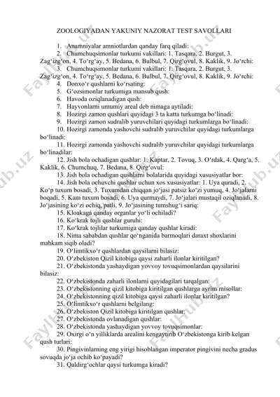 zoologiyadan yakuniy nazorat test savollari — DOCX