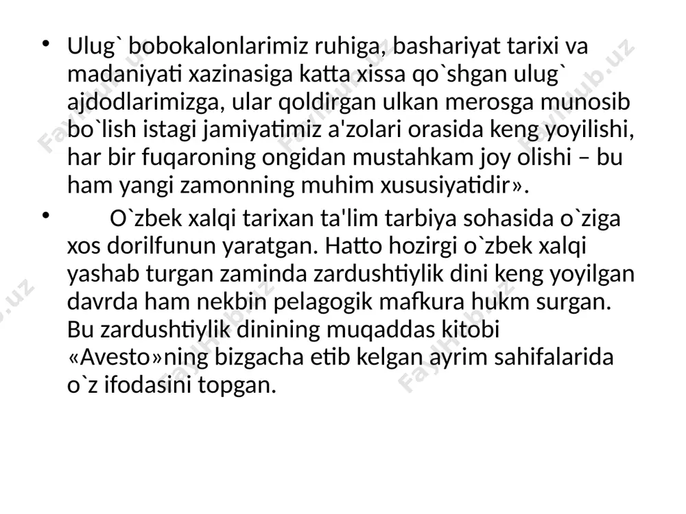 ixi jamiyat taraqqiyoti qonunlariga suyangan holda turli pedagogik nazariyalarni, ta'lim-tarbiyaning mazmuni va metodlarini o`rgatadi. o`tmishning pedagogik sistemalarida bo`lgan ilg`or va progressiv fikrlarning hammasidan ijodiy foydalanadi. demak, pedagogika tarixi ijtimoiy fandir. u tarixiy pedagogika xodisalariga davr talabi asosida yondoshadi, tarbiya nazariyasi va amaliyotini turli bosqichlarda xilma-xil bo`lganligini ochib beradi, ilg`or qarashlarning taraqqiyot yo`lini ko`rsatib beradi. pedagogika tarixi fani quyidagi fanlar, ya'ni, pedagogika, psixologiya, madaniyat tarixi, o`zbekiston tarixi, jahon xalqlari tarixi, falsafa, etnografiya, arxeologiya, ahloqshunoslik va boshqa bir qator fanlar bilan uzviy aloqadadir. pedagogika tarixi fanining metadologiyasi esa milliy va umumbashariy qadriyatlar, xalq pedagogikasi, markaziy osiyo va sharq mutafakkirlarining ilmiy va ma'naviy merosi, o`zbekiston respublikasi konstitutsiyasi, o`zbekiston respublikasi prezidentning milliy qadiriyatlarga oid ilgari surulgan g`oyalari haqidagi nazariyalari hisoblanadi. pedagogika tarixini o`rganish o`qituvchilarining faqat pedagoglik madaniyatini oshiribgina qolmay, balki, shu bilan birga, unga pedagogik mahoratni egallashga yordam beradi. shuningdek, o`tmishning ta'lim – tarbiya sohasidagi eng yaxshi tajribalarini o`rganadi, bu esa uning kundalik pedagoglik …