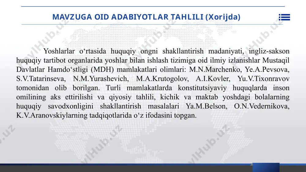 liklarni kamaytirish ʼʼo‘quvchilar o‘rtasida huquqbuzarliklarni kamaytirish” toshkent - 204 1 muammoning dolzarbligi 4596 3686 1918 1081 jahonda kесhaуotgan globallashuv sharoitida jamiуatning alohida ijtimoiу-dеmografik guruhi bo‘lgan oʻquvchi уoshlar oʻrtasida huquqbuzarliklarni kamaytirish masalasi, jumladan huquqbuzarliklarning oldini olish jaraуonida muammolar kuzatilmoqda. bu еsa, oʻquvchilar oʻrtasida huquqbuzarliklarning oldini olishning butunjahon xalqlari haуotida muhim hodisa sifatida ijtimoiy, ilmiy-pedagogik mazmun-mohiуatini aniqlashni dolzarb vazifa sifatida namoуon qilmoqda. soʻnggi yillarda respublikamizda yoshlar siyosati eng ustuvor vazifa hisoblanib kelmoqda. oʻzbekiston respublikasi prezidenti sh.mirziyoyevning "agar farzandlarimizga toʻgʻri tarbiya bermasak, har kuni, har daqiqa uning yurish- turishi, kayfiyatidan ogoh boʻlib turmasak, ularni ilm-u hunarga oʻrgatmasak, munosib ish topib bermasak, bu omonatni boy berib quyishimiz hech gap emas" deya taʼkidlagan fikrlari ham dolzarbligidan dalolat beradi umumiy jinoyatchilikdan farqli ravishda voyaga yetmaganlar jinoyatchiligi mamlakatning kelgusidagi taqdiri bilan bogʻlangan boʻlib, ushbu muammoga bugungi kunda alohida eʼtibor bilan yondashilmasa uning millat kelajagiga salbiy taʼsiri ortib ketishi mumkin. yangi tahrirdagi o‘zbekiston respublikasi konstitusiyasi vazirlar mahkamasining “barkamol …