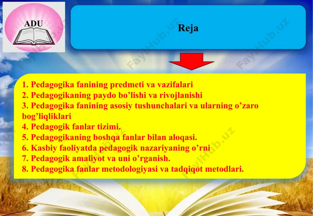 uchun zarur bo’lgan ma’lumotlarni berishga yo’naltiriladi. umumiy ta’lim asosida o’zlashtirilgan ma’lumotlar kelgusida shaxsning kasbiy tayyorgarligini ta’minlashga imkon beruvchi maxsus ta’lim olishi uchun asos bo’ladi. maxsus ta’lim— o’zida mutaxassislik xususiyatlarini namoyon qilib, shaxsga muayyan kasbiy faoliyatni tashkil etish borasida nazariy bilimlarni berish asosida amaliy ko’nikma hamda malakalarni shakllantirishga xizmat qiladi. ta’lim, shuningdek, turli darajadagi ta’lim dasturlarini amalga oshirishiga ko’ra maktabgacha ta’lim, umumiy o’rta ta’lim, professional ta`lim, oliy ta’lim, oliy ta`limdan keyingi ta’lim, kadrlar malakasini oshirish va ularni qayta tayyorlash hamda maktabdan tashqari ta’lim kabi turlarga bo’linadi. tarbiya nazarivasi— pedagogikaning muhim tarkibiy qismlaridan biri bo’lib, tarbiya jarayoni mazmuni, shakl, metod, vosita va usullari, uni tashkil etish muammolarini o’rganadi. tarbiya muayyan, aniq maqsad hamda ijtimoiy-tarixiy tajriba asosida yosh avlodni har tomonlama o’stirish, uning ongi, xulq-atvori va dunyoqarashini tarkib toptirish jarayonidir. ibtidoiy jamoa tuzumida odamlarning guruh-guruh bo’lib hayot kechirishi sababli bolalarga tirikchilik o’tkazish yo’lidagi faoliyat (o’simlik mevalari, ildizlarini terish, hayvonlarni ovlash)ni tashkil etish borasidagi …