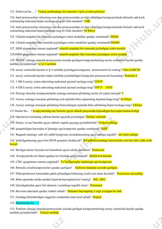 dir 90. personal kompyuterning shinalari nimani ta’minlab beradi? element va qurilmalar o’zaro bog’liqligini 91. monitorning xarakteristikasini tanlang? ruxsat etish imkoniyati 92. ma’lumotni prosessor qanday qayta ishlaydi? ikkilik sanoq tizimida 93. qaysi qurilma yordamida tashqi qurilma bilan shina o’rtasidagi aloqa amalga oshriladi? kontroller 94. kontroller nima uchun mo’ljallangan? protsessordan kelayotgan axborotlarni, qurilmalar ishini boshqaruvchi mos signallariga o’zgartirish uchun 95.prosessor asosiy xotiradan ma’lumotlarni o’qish uchun , shina orqali qaysi boshqarish signallari bilan xotiraga murojat qiladi? mreq, rd 96. prosessor asosiy xotiradan ma’lumotlarni o’qish uchun , shina orqali xotiraga murojaat qilish signalini ko’rsating? mreq 97. skaner nima uchun mo’ljallangan? qog’oz bo’lagidagi grafik tasvirlarni kompyuterga kiritish uchun 98.modem qanday vazifani bajaradi? analogli signalni raqamli signalga va raqamli signalni analogli signalga aylantirish uchun o’zgartiradi. 99. modem nima uchun mo’ljallangan? telefon tarmog’i orqali bir kompyuterdan boshqa bir kompyuterga malumotni uzatish uchun 100. ma’lumotlarni kiritish –chiqarish buyuruqlarini ko’rsating. in, out 101. ko’chirib yozish buyuruqlarini ko’rsating? mov, push …