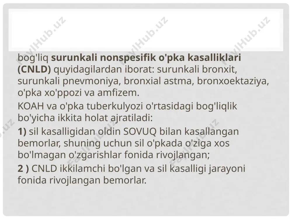 o'zgarishi, o'pka va plevradagi biriktiruvchi to'qimalarning shakllanishi surunkali yallig'lanish kasalliklarining paydo bo'lishiga yordam beradi. surunkali kasalliklar ikkilamchi bo'lgan va sil kasalligi fonida rivojlangan bemorlar antibakterial dorilar ta'sirida ma'lum darajada fibroplastik jarayonlar kuchayishi mumkin. shuning uchun o'pka tuberkulyozini davolashda mahalliy yoki diffuz pnevmoskleroz, bronxial daraxtning deformatsiyasi, bronxoektazlar , plevral yopishqoqlik, entisted lezyonlar va o'choqlar bilan sil kasalligidan keyingi sindrom rivojlanadi. o'pkada klinik jihatdan davolangan sil kasalligi bilan og'rigan bemorlar orasida surunkali bronxit etakchi o'rinni egallaydi. uning paydo bo'lishida asosiy rolni bronxial shilliq qavatni tirnash xususiyati beruvchi omillar o'ynaydi, ular umumiy allergiya yoki dorilarning yon ta'siri surunkali kasalliklar ikkilamchi bo'lgan va sil kasalligi fonida rivojlangan bemorlar nonspesifik endobronxit uzoq vaqt davom etadi, ko'pchilikda davolanadi, ammo ikkinchisida ham bronxlarning himoya funktsiyasi pasayadi, bu ularni ikkilamchi salbiy omillar ta'siriga juda sezgir qiladi: tutun, tamaki, sanoat changlari va keng tarqalgan infektsiyalar. tuberkulyoz o'choqlari va tuberkulyomalar asosan ensilatlanadi va cheklangan pnevmoskleroz rivojlanishi bilan birga keladi. surunkali …