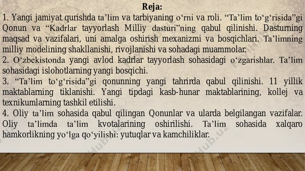 yotlari barchaga ma’lum va mashhurdir. temuriylardan esa ulug‘bek, navoiy, bobur kabilar ilm-fanga yuksak darajada hissa qo‘shganlar. vaqt o‘tishi natijasida ilm-ma’rifatga salmoqli hissa qo‘shgan jadidlar harakati turkiston xalqini ilmli, savodli, ma’rifatli qilish yo‘lida, yangi usulni qo‘llash ustida ish olib bordilar. bulardan, maxmudxo‘ja behbudiy, sadriddin ayniy, abdulla avloniy, abdurauf fitrat, munavvarqori abdurashidov kabi ma’rifatparvarlar edilar. o‘zbekiston respublikasi davlat mustaqilligini endigina qo‘lga kiritgan paytlarda kadrlar tayyorlashda amalga oshirilayotgan islohotlar qoniqtirmasdi. o‘zbekiston respublikasi oliy kengashining xx sessiyasida ta’lim tizimida erishilgan muvaffaqiyat va kamchiliklar ob’ektiv tahlil qilinib, kadrlar tayyorlash «inqilobiy» islohotga ehtiyoj borligini isbotlab berdi. 1992-yil 2-iyulgi «ta’lim to‘g‘risida»gi qonun o‘z vaqtida muhim bo‘lgan bo‘lsada, ammo ta’lim tizimini isloh qilishning amaliy chora-tadbirlarini, ta’lim- tarbiya va o‘quv jarayonlarining tarkibini, bosqichlarini, bir-biri bilan uzviy bog‘lash, ya’ni uzluksizlikni ta’minlash muammolarini yecha olmadi. ta’limni isloh qilish quyidagi tamoyillar asosida olib boriladi: - ta’lim tarbiyaning insonparvarligi va demokratiyaviyligi; - ta’lim tizimining uzluksizligi, izchilligi, ilmiyligi va dunyoviyligi; - ta’limda umuminsoniy va …