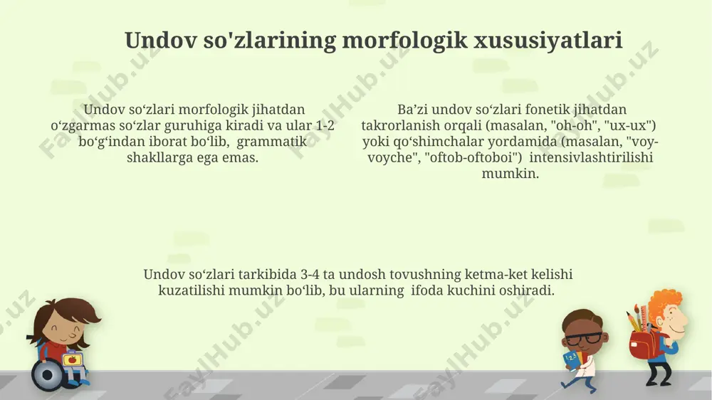 rajasini bildiruvchi 2-3 ta qo’shimcha so’z qo’shiladi. undov so'zlarining proza asarlaridagi ifodasi undov so'zlari badiiy prozalarda 2-3 marta takrorlanishi orqali kuchaytirish vositasi sifatida qo'llanishi mumkin, bu esa asarning emotsional yukini oshiradi. proza asarlarida undov so'zlari, masalan, "voy!", "oh!", "uf!" kabi 5 ta turdagi interjeksyonlar bilan birga qo'llanib, murakkab his-tuyg'ularni ifoda etadi. undov so'zlarining sintaksisdagi o'rni, ya'ni gapning boshida, o'rtasida yoki oxirida kelishi, ularning ifoda kuchiga ta'sir ko'rsatadi, bu esa 3 xil holatni keltirib chiqaradi. e'tiboringiz uchun rahmat @taqdimot_robot image1.png