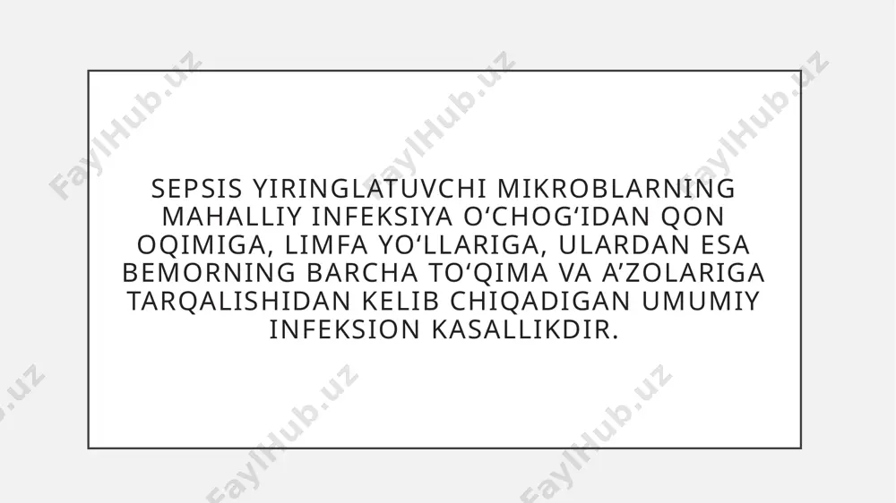 natal (tug‘ruqdan keyin) davrlarda o‘tishi mumkin. ayniqsa, chala tug‘ilgan go‘daklarda sepsis juda tez rivojlanadi. go‘daklarda bu kasallikni turli patogen va shartli patogen mikroorganizmlar (masalan, stafilokokk, streptokokk, pnevmokokk, salmonella, ichak tayoqchasi) qo‘zg‘atadi. shunindek, homilador ayol organizmida yallig‘lanish jarayonlari kechayotgan bo‘lsa, tug‘ruq paytida terisi shikastlanishi tufayli yiringli o‘choqlardagi infeksiya chaqaloqqa o‘tadi. chaqaloqlar sepsisi aksariyat hollarda bola tug‘ilishi vaqtida yoki tug‘ilgandan so‘ng yuz beradi. ko‘pincha kindik yarasi mikroblar manbaiga aylanadi. bunda kindik qoldig‘idan infeksiya kirishi natijasida sepsis yuzaga keladi. ya’ni bola kindigi uy sharoitida kesilganda yoki kindikni toza bo‘lmagan ip va latta bilan bog‘laganda, unga kul sepganda sepsis osonlik bilan rivojlanadi. bundan tashqari, sepsisni qo‘zg‘atuvchi mikroorganizmlar chaqaloq organizmiga shilliq qavatlar, nafas yo‘llari, oshqozon-ichak, teridagi jarohatlar va kindik tomirlari orqali kirishi mumkin. odam badanida paydo bo‘lgan har qanday yara-chaqalar va organizmida kechayotgan yallig‘lanishlarga beparvo qaramaslik kerak. sepsisning oldini olish uchun quyidagi holatlarga e’tiborli bo‘ling: ochiq jarohatlar yiringlashi; yuzdagi husnbuzarlar uchi oqarishi; chipqon chiqishi; xasmol …