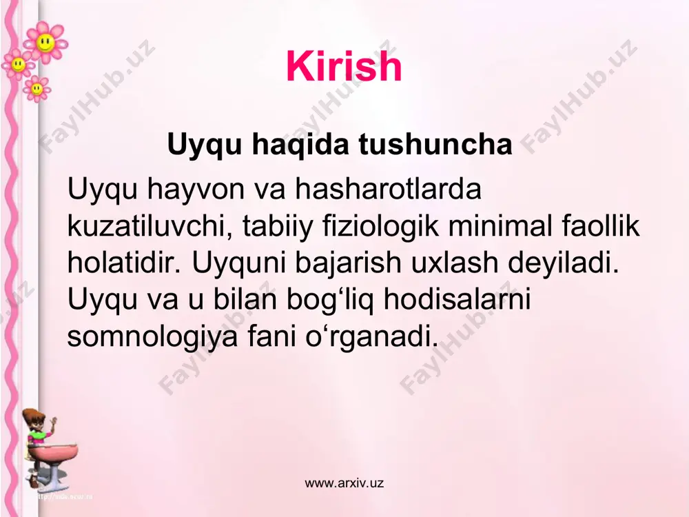 i. tez va sekin uxlab qolishning navbatlanishi, odatda, sog’lom odamlar uchun xosdir va bunda odam o’zini uyquga qongan hamda bardam his etadi. tez va sekin uxlash muddatining o’zgarishi, sekin uxlashning yetarli darajada chuqur bo’lmasligi, tez uxlash davrida teztez uygonib turish odam nerv sistemasining turli buzilishlariga olib keladi, uning ruxiy va emotsional holatiga ta’sir ko’rsatadi. www.arxiv.uz www.arxiv.uz astasekin uxlab qolish tungi uyquning 75—80%ini, tez uyquga ketish esa 20— 25%ini tashkil etadi. tez va sekin uxlab qolishning navbatlanishi, odatda, sog’lom odamlar uchun xosdir va bunda odam o’zini uyquga qongan hamda bardam his etadi. tez va sekin uxlash muddatining o’zgarishi, sekin uxlashning yetarli darajada chuqur bo’lmasligi, tez uxlash davrida teztez uygonib turish odam nerv sistemasining turli buzilishlariga olib keladi, uning ruxiy va emotsional holatiga ta’sir ko’rsatadi. www.arxiv.uz www.arxiv.uz uyquning ko’pincha kuzatiladigan buzilishlariga uyquchanlik (gipersomniya) va uyqusizlik kiradi. www.arxiv.uz www.arxiv.uz uyqu va uyqu gigiyenasi. uyqu organizm uchun zarur fiziologik jarayonlardan hisoblanadi. u nerv sistemasi …