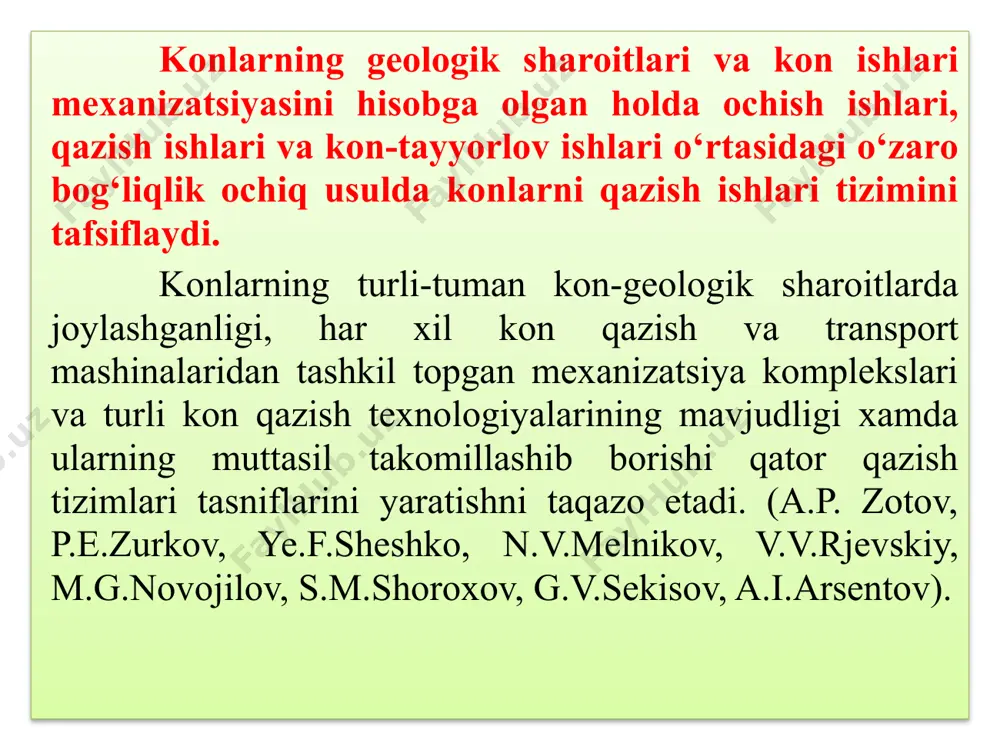 lama yo‘nalishda tashib joylashtirish. tizim belgisi qazish tizimi b-4 jinslarni ichki ag‘darmaga eng qisqa va qulay profilli yo‘llar orqali tashish b-5 jinslarni ancha uzoqdagi ag‘darmalarga murakkab profilli yo‘llar orqali tashish b-6 ochish jinslarini qisman ichki va qisman tashqi ag‘darmalarga tashish qazish tizimi v guruhi, qoplama jinslari ag‘darmalarga aralash usulda tashib joylashtirish. tizim belgisi qazish tizimi v-7 ochish jinslarini bir qismini ichki ag‘darmaga qolgan qismini tashqi ag‘darmaga transport vositalarida tashish v-8 ochish jinslarini qisman transportsiz ichki ag‘darmaga joylashtirish qazish tizimi a guruhi, qoplama jinslarini ag‘darmaga transport vositasisiz ko‘ndalang yo‘nalmada joylashtirish. qazish tizimi b guruhi, transport vositalari bilan jinslarni ag‘darmaga bo‘ylama yo‘nalishda tashib joylashtirish. qazish tizimi v guruhi, qoplama jinslari ag‘darmalarga aralash usulda tashib joylashtirish. tizim belgisi qazish tizimi tizim belgisi qazish tizimi tizim belgisi qazish tizimi a-1 ochish jinslarini bevosita ag‘darmaga joylashtirish b-4 jinslarni ichki ag‘darmaga eng qisqa va qulay profilli yo‘llar orqali tashish v-7 ochish jinslarini bir qismini ichki ag‘darmaga …