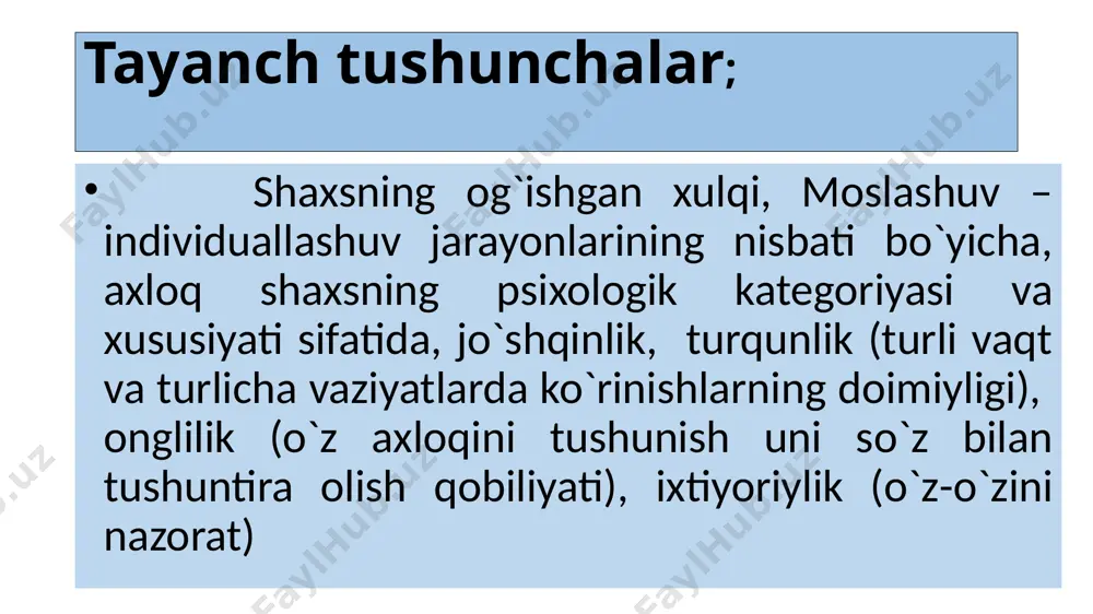 moslashuv – individuallikni bostirish, o`z-o`zini ro`yobga chiqarishni birlashish hisobiga; deviant moslashuv – mavjud bo`lgan ijtimoiy talab (me’yor) lardan chiqish vositasida o`z-o`zini ro`yobga chiqarish; ijtimoiy-psixologik moslashmaganlik – o`z-o`zini ro`yobga chiqarish va moslashish jarayonlarini blokirovkalash xolati. muayyan inson axloqida ijtimoiylashuvning istalgan variantida axloqning umumiy tavsifnomasidan foydalanib, quyidagilarni ifodalash mumkin: asoslanganlik – shaxsning ehtiyojlari va maqsadlariga yo`naltirilgan harakatlanishga ichki tayyorlik; o`xshashlik – aniq vaziyat bilan kelishish; moslashish – ijtimoiy muqitning yetakchi talablariga muvofiqlik; haqqoniylik – individuallik axloqining mosligi, uning ushbu shaxs uchun tabiiy ekanligi; mahsuldorlik – ongli maqsadlarni amalga oshirish. shaxs xulq ining shunday belgilari borki, ular anchagina xususiy, biroq kam bo`lmagan aqamiyatga egadir: – faollik darajasi (energiyalilik va tashabbuskorlik); – hissiy ifodalanganlik (namoyon etilayotgan affektlarning kuchi va xarakteri); – jo`shqinlik; – turg’unlik (turli vaqt va turlicha vaziyatlarda ko`rinishlarning doimiyligi); – onglilik (o`z axloqini tushunish uni so`z bilan tushuntira olish qobiliyati); – ixtiyoriylik (o`z-o`zini nazorat); – egiluvchanlik (muqitning o`zgarishiga javoban axloqni o`zgartirish). psixopatologik …