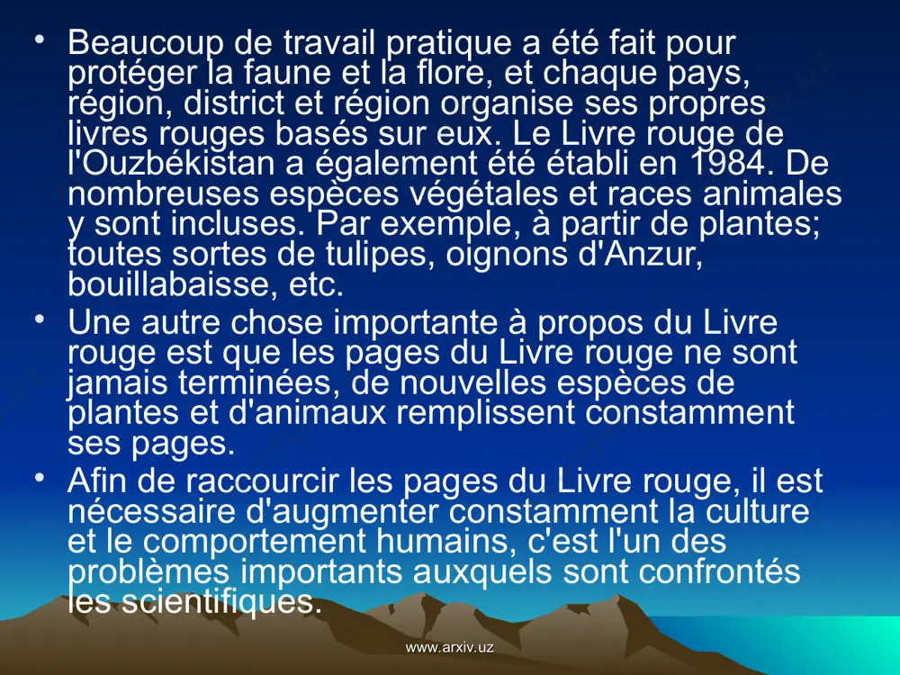. si ces fleurs disparaissent, la nature s'appauvrira et nos montagnes et pâturages perdront leur beauté et leur splendeur. c'est pourquoi nous devons prendre soin de toutes les créatures de la nature, les protéger et consacrer notre énergie à préserver chaque recoin de notre patrie. la nature est nécessaire non seulement pour nous, mais aussi pour nos générations futures. www.arxiv.uz www.arxiv.uz les références l'éducation au développement durable. guide d'étude. a.a. azizov., n.g., akinpshna. t., 2007. -141 pages. est-ce durable ? tâches. a.a. azizov., l. akinshina. t., 2007.-54 pages. le changement climatique des nations unies est le premier bulletin national de la république d'ouzbékistan. t., 1999. valukonisg.yu., muradovsh.o. sciences fondamentales-t.t. obshayaekologiya kn. 1.-t.: "mekhnat", 2001.-328p. korobkinv.i., peredelskyl.v. ekologiyavvoprosakh i otveiv.. rostov-na-donu., "fenix" 2002. www.arxiv.uz www.arxiv.uz