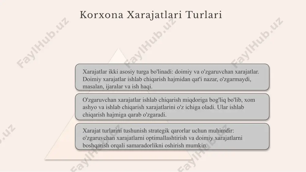 ashuvlarni qo'llashdir. foydalanilgan adabiyotlar 1. o‘zbekiston respublikasi moliya vazirligi. korxona xarajatlari va foyda tahlili. o‘zbekiston moliya vazirligi nashriyoti, 2020. 2. toshkent davlat iqtisodiyot universiteti. korxona boshqaruvi va moliyaviy natijalar. toshkent, 2019. 3. o‘zbekiston respublikasi banklar assotsiatsiyasi. korxona rentabelligi va xarajatlarni boshqarish usullari. toshkent, 2021. 4. mustaqil iqtisodchi n. abduqodirov. korxona xarajatlari va foyda samaradorligi. iqtisodiy fikrlar jurnali, 2022, №3. 5. o‘zbekiston savdo-sanoat palatasi. korxona faoliyatida xarajatlarni optimallashtirish va foyda oshirish strategiyalari. toshkent, 2020. e'tiboringiz uchun rahmat! image1.jpeg image2.png image3.png image4.png image8.jpg image7.png
