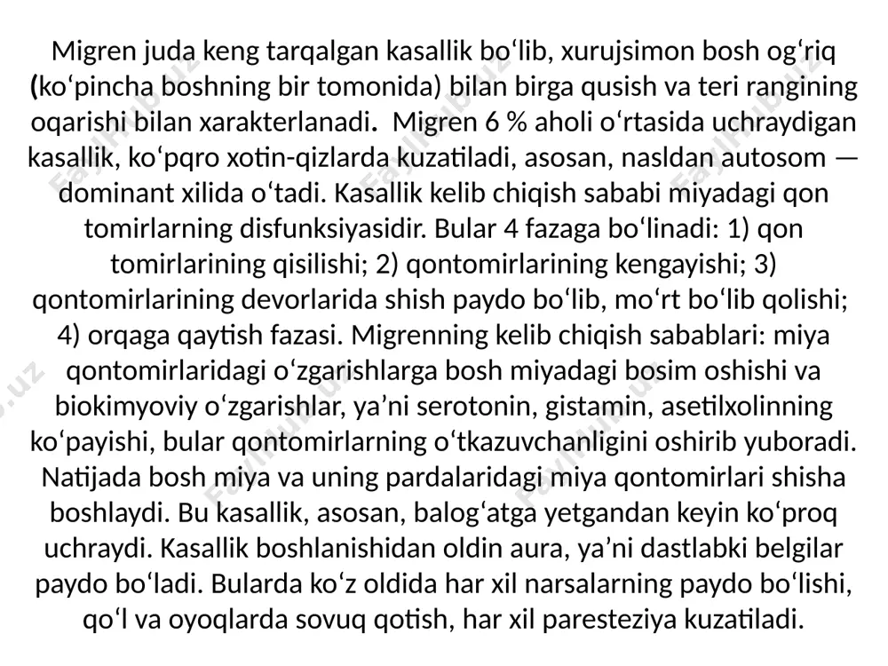 gan joyda og‘irlik sezadi, biroz qichish paydo bo‘lada. shunaqa shishlar qo‘llarda, oyoqlarda tanada ham kuzatiladi. agar qizilo‘ngachda shish paydo bo‘lsa, bemorning yutinishi qiyin bo‘ladi, tomoqda bo‘lsa, ovoz o‘zgaradi, xirillagan nafas eshitiladi. ichki a’zolarda ham shish bo‘lishi mumkin. ichak, oshqozonda shish paydo bo‘lsa, kasallik og‘ir o‘tadi. bosh miyada shish hosil bo‘lsa, unda meningial belgilar paydo bo‘ladi. bunda bemorda birdaniga bosh og‘riq, qusish va qaltirash belgilari paydo bo‘ladi. kvinke shishi davolanmasa, shish bir necha soatdan bir necha kungacha saqlanishi mumkin. davosi. shishni keltirib chiqaruvchi allergenni to‘xtatish kerak. buning uchun kalsiy xlor yoki kalsiy glukonat 5—10 % 5,0—10,0 ml tomir ichiga sekinlik bilan yuboriladi. antigistaminlardan tavegil, diazolin, dimedrol, suprastin, og‘ir hollarda gormonlar berish zarur. anafilaktik shok-organizmning yot jismlarga (antibiotik, vaksina, zardob, ferment, gormonlar, sulfanilamid dorilari va boshqa oziq-ovqatlarga) nisbatan sezgirligining oshib ketishi natijasida ro‘y beradi. birlamchi tushgan allergenga nisbatan organizmda unga qarshi antitello ishlab chiqariladi. qayta allergen tushganidan keyin esa qonda biologik faol …