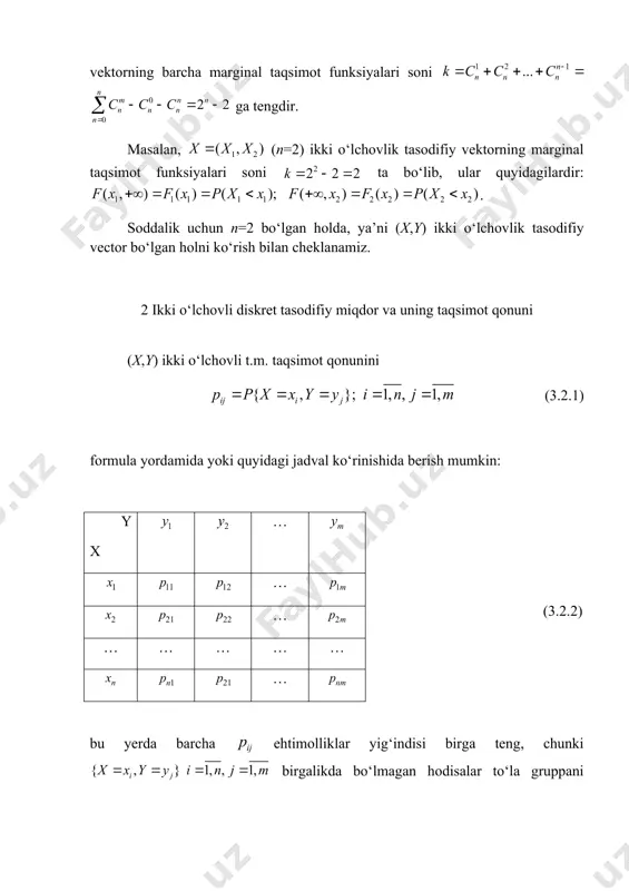 2222222222 22 2()2()()() 22 11 22 xaitxaxxaitaitaait edxedx ssss ss psps -++-++++-+ +¥+¥ -- -¥-¥ === òò 2222222422 2222 (())2()2(()) 2222 11 22 xaitaititaittxait eedxeedx ssssss ssss psps -++--+ +¥+¥ -- -¥-¥ =×== òò 2 2 222222 () 2 2 222 1()1 2 22 xait ttt iatiatiat xait eedee s sss s s sp pssp æö -+ +¥ - ç÷ --- ç÷ èø -¥ æö -+ =×== ç÷ èø ò 2 puasson integrali u edu p +¥ - -¥ æö = ç÷ èø ò (,) xna s : 22 2 () t iat te s j - = 22 '2 2 (0)()1 t iat to mxiieiatiiaa s js - = éù =-=--=-××= ëû 2222 '''22222 22 (0)((0))()() tt iatiat to dxeiateia ss jjss -- = æö éù =--=--+-+= ç÷ ëû ç÷ èø 222222 iaia ss =-+= ko‘p o‘lchovli tasodifiy miqdorlar reja: 1. ko‘p o‘lchovli tasodifiy miqdorlar va ularning birgalikdagi taqsimot …