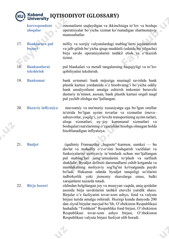 o birjasi, o’zbekiston respublikasi valyuta birjasi faoliyat olib boradi. 23. bo’lib to’lash mahsulot va xizmatlar xaridi qiymatini ma’lum bir muddat davomida qisman, bo’lib to’lash usuli. mazkur to’lov turi chakana mahsulotlarni kreditga sotish miqyosida keng tarqalgan. to’lovni bo’lib to’lashda tomonlar o’rtasida kredit majburiyatlari yuzaga keladi, ya’ni sotuvchi o’z vaqtida amalga oshirilmagan to’lovlar bo’yicha shtraf va penyalar hisoblashga haqli. 24. bostirilgan inflyatsiya odatda umumiy davlat nazorati va bozor mexanizmining bostirilishi tufayli rejalashtirilgan iqtisodiyotga ega mamlakatlarda yoki kuchli davlat tomonidan tartibga solinadigan mamlakatlarda sodir bo'lib, universal nazoratga aylanadi. davlat narxlarni nazorat qilish funktsiyasini o'z zimmasiga oladi, ularni sun'iy ravishda muvozanat darajasidan pastroq darajada ushlab turadi. natijada talab va taklif o'rtasidagi global farq paydo bo'ladi. kritik nuqtadan o'tib, bu bo'shliq inflyatsiyaga aylanadi va iqtisodiyotda barqaror taqchillik paydo bo'ladi. 25. boshqa depozit tashkilotlari (tijorat banklari) sharhi xalqaro valyuta jamg‘armasining “pul-kredit va moliyaviy statistikani shakllantirish bo‘yicha qo‘llanma”siga muvofiq boshqa depozit tashkilotlarining (tijorat banklari) jamlanma balans hisoboti …