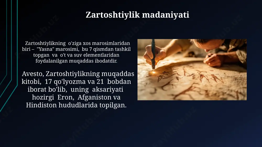 000 dan ortiq yillik tarixi mavjud bo'lib, dunyo bo'ylab, jumladan, hindistonning gujarat shtati va irondagi kichik jamoalarda 200 mingdan ortiq izdoshlari yashaydi. zardushtiylikning muqaddas kitobi avesto, qadimgi fors tilida yozilgan bo'lib, zamonaviy zardushtiylikda uning 7 qismdan iborat bo'lgan qismlari, turli xil talqinlar bilan o'rganiladi. zartoshtiylikning kelib chiqishi zardushtiylikning muqaddas kitobi avesto, turli davrlarda yozilgan va uning tarkibiga 17 ta g'azal (gāthā) kiradi, ular zaratushtraning shaxsan o'zi yozgan deb hisoblanadi. zardushtiylik miloddan avvalgi 6-7-asrlarda, hozirgi eronning xorazm viloyati yaqinida joylashgan hududda, zaratushtra deb ataluvchi paygʻambar tomonidan asos solinganligi taxmin qilinadi. zartoshtiylik bayramlari zartoshtiylikda navrūz, 21 martda, bahorning kelishini nishonlaydigan va qadimgi fors urf-odatlariga asoslangan muhim bayram hisoblanadi, dunyoning koʻpgina joylarida, shu jumladan oʻzbekistonning ayrim hududlarida ham nishonlanadi. sadra, 6 kun davom etadigan va oʻlimdan keyingi hayotga tayyorgarlik koʻrish bilan bogʻliq boʻlgan muhim bir marosimlar majmuasini oʻz ichiga oladi, qadimiy parsi shaharlarida keng nishonlangan. axloqiy tamoyillar ахлоқий тамойилларга риоя қилиш, форсларнинг қадимги …