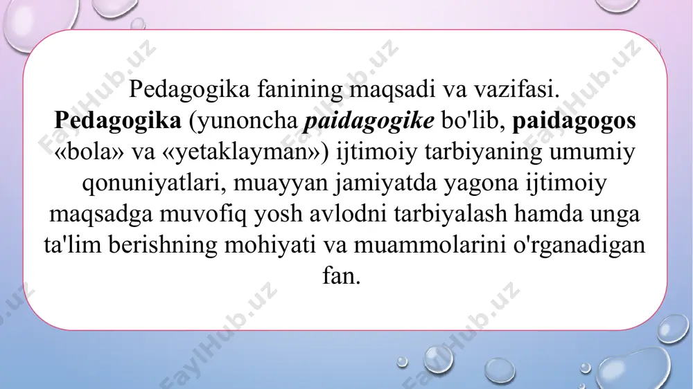 riy-xo'jalik boshqaruvi asoslari o'rgatilgan. antik davrda maktablar sparta, afina va rim tarbiya tizimining muhim tarkibiy qismi sifatida faoliyat olib borganlar. qadimgi yunonistonda bunday joylar akademiya deb nomlangan. «akademiya» so'zi afsonaviy qahramon akadema nomidan kelib chiqqan. eramizdan avvalgi iv asrda afina yaqinidagi akadema nomi bilan nomlanuvchi joyda platon o'z shogirdlariga ma'ruzalar o'qigan bo'lib, keyinchalik ta'lim tashkil etiluvchi maskan ham shunday nom bilan atala boshlagan. qadimgi rim va yunonistonda bolalarga bilim berish faylasuflar zimmasiga yuklatilgan. umumiy pedagogika – pedagogikaning kontseptual masalalari va amaliy jihatlarini tadqiq etadi. pedagogika nazariyasi – pedagogikaning umumnazariy masalalari, qonuniyatlari va tamoyillari hamda tasniflashga oid masalalarni o’rganadi. pedagogika tarixi – pedagogik fikrlarning taraqqiy etishi, maktab va ta’lim turlarining davriy xususiyatlari, o’ziga xoj jihatlari va ahamiyatini tadqiq etadi. pedagogik mahorat – o’qituvchilarni pedagogik faoliyatga samarali tayyorlash taktikasi, pedagogik qobiliyatlarni shakllantirish, pedagogik madaniyat va texnikani tarkib toptirish hamda nutq texnikasini egallash yo’llarini o’rganadi. pedagogik fanlar tizimi maktabgacha ta’lim pedagogikasi boshlang’ich ta’lim …