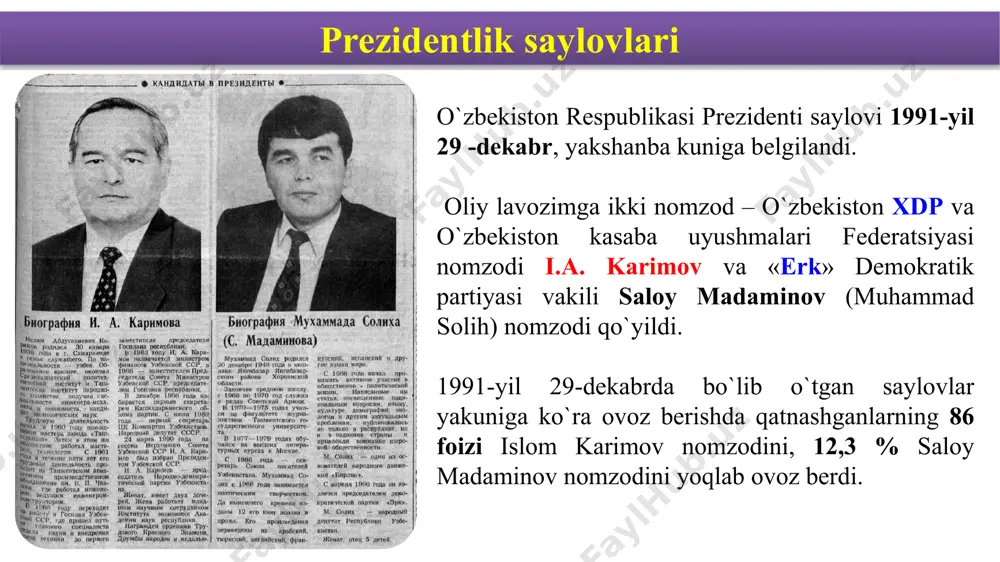 ikkinchi chaqiriq o'zbekiston respublikasi oliy kengashining x sessiyasida 1992— yil 2-iyulda qabul qilindi. gerbning markazida qanotlarini keng yozib turgan xumo qushi tasvirlangan. bu baxt-saodat va erksevarlik ramzidir. qadim-qadim zamonlardan buyon xumo qushi o'zbek xalqi orasida odamlarni baxt-saodatga yetaklovchi kuch ramzi sifatida e’zozlab kelingan. davlat ramzlari o'zbekiston respublikasining davlat madhiyasi o'n ikkinchi chaqiriq o'zbekiston respublikasi oliy kengashining xi sessiyasida 1992-yil 10-dekabrda qabul qilindi. davlat madhiyasining matni o'zbekiston xalq shoiri abdulla oripov, musiqasi o'zbekiston xalq bastakori mutal burhonov tomonidan tayyorlangan. milliy valyuta o'zbekiston 1991-1993- yillarda sobiq itttifoqdan meros qolgan rubl zonasida bo'ldi. biroq ishlab chiqarishning pasayishi natijasida rublning qadri ham tushib bordi. o'zbekiston muomalaga milliy valyuta kiritish ishiga jiddiy kirishdi. 1993-yil 1-noyabrda o'zbekistonda so’m-kupon muomalaga kiritildi, uning kursi oldin muomalada bo'lib kelgan rublga tenglashtirilgan edi. milliy valyuta o'zbekiston prezidentining 1994-yil 16-iyunda e’lon qilingan “o'zbekiston respublikasining milliy valyutasini muomalaga kiritish to 'g ‘risida”gi farmoniga muvofiq, 1994— yil 1-iyulidan boshlab o'zbekiston respublikasining milliy valyutasi …