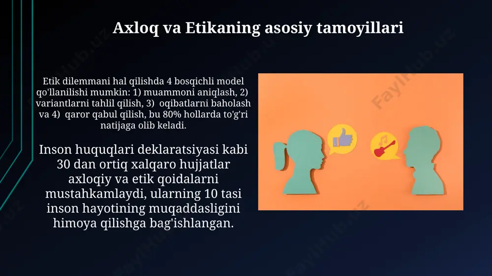 tni aks ettiradi, bu yerda 7 bosqichli axloqiy fikrlash modeli muhim ahamiyat kasb etadi. axloqiy dilemmani hal qilishda utilitarizm (ko'pchilik uchun foyda) va deontologiya (qoidalarga rioya qilish) kabi turli axloqiy nazariyalarning 2 ta yondashuvini hisobga olish kerak. axloq va etika rivojlanish tarixi 18-19-asrlardagi ma'rifat davri individualizm va ratsionalizmning rivojlanishiga olib keldi, natijada axloq va etika masalalari inson huquqlari va jamiyat taraqqiyoti bilan bog'liq holda qayta ko'rib chiqildi. qadimgi yunonistonda, miloddan avvalgi 5-4-asrlarda sokrat, platon va aristotel kabi faylasuflar axloq va etika masalalarini chuqur o'rgangan bo'lib, ularning ta'limotlari keyingi davrlarga katta ta'sir ko'rsatgan. innovatsiya va ijodkorlik ijodkorlikni rivojlantirish dasturlari, 5-10 yoshli bolalar uchun moʻljallangan boʻlib, ularning muammo hal qilish qobiliyatlarini 30% ga oshirishi mumkin. innovatsion ta'lim yondashuvlari, o'quvchilarning faol ishtirokini ta'minlab, bilimlarni egallash samaradorligini 2 barobar oshiradi. e'tiboringiz uchun rahmat @taqdimot_robot image1.jpg image2.jpg image3.jpg image4.jpg image5.jpg image6.jpg image7.jpg image8.jpg image9.jpg image10.jpg image11.jpg image12.jpg image13.jpg image14.jpg image15.jpg image16.jpg image17.jpg
