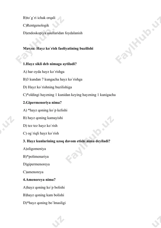 a) qinning yallig`lanishi b)*bachadon shilliq qavatining yallig`lanishi c) bachadon naylarining yallig`lanishi d) tuxumdonning yallig`lanishi 4.bartolinit ta`rifini aniqlang. a) qinning yallig`lanishi b) bachadonning yallig`lanishi c)* katta vestibulyar bezining yallig`lanishi d) jinsiy lablarning yallig`lanishi 5. kolpit ta`rifini aniqlang. a)bachadon yallig`lanishi b)bachadon naylarining yallig`lanishi c)*qin devorlarining yallig`lanishi d)tuxumdon yallig`lanishi 6. salpingoofarit –bu……… a)qinning shilliq qavatining yallig`lanishi b)hayz siklini buzilishi c)bachadon shilliq qavatining yallig`lanishi d)*bachadon ortiqlarining yallig`lanishi 7. jinsiy a`zolar yallig`lashishiga kirmaydi ? a)*peritonit b)salpengoofarit c)kolpit d)endometrit 8.malhamli tamponlar bilan davolash qanday kasalliklarda qo`llaniladi? a)miomada , endometritda b)vulvitda, bachadondan bo`yni eroziyasida, kolpitda c)endometritda, kolpitda d)*bachadon bo`yni eroziyasida, servisitda 9.tashqi jinsiy a`zolar yallig`lanishi bu - a)endotservisit. b)endometrit. c)*vulvit. d)adneksit. 10. jinsiy a`zolarning yallig`lanish kasalligida qaysi mikrob ishtirok etmaydi? a)stafilakokk b)gonokokk c)streptokokk d)*kox tayoqchasi mavzu: jinsiy yo`l bilan yuqadigan kasalliklar. 1.gonoreya ( so`zak) kasalligining asosiy yuqish yo`llari: a)* jinsiy aloqa yo`li bilan b)kasal va sog`lom kishi bir suv havzasida cho`milganda c)kasal ishlatilgan asbob uskunalarni sog`lom kishi …