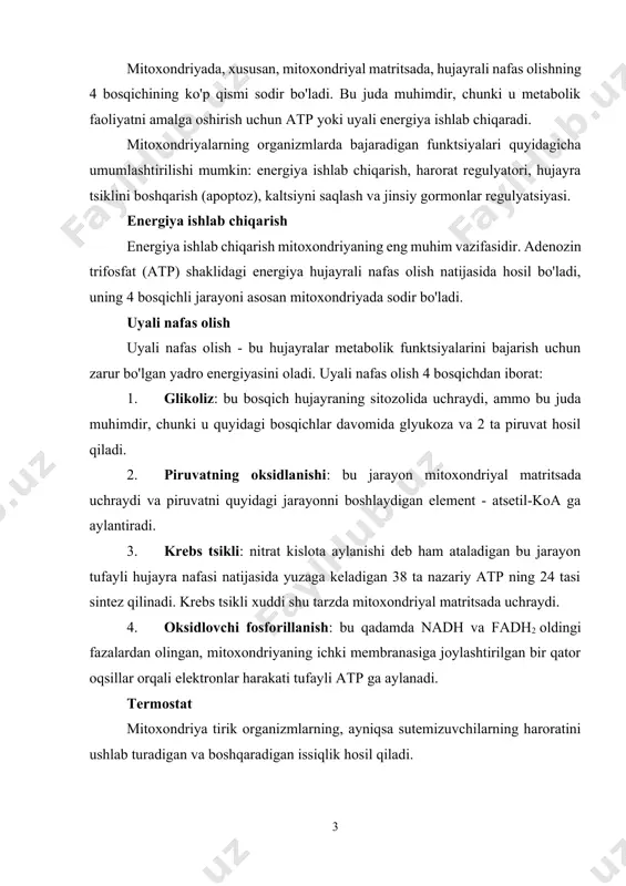 hiqarish, harorat regulyatori, hujayra tsiklini boshqarish (apoptoz), kaltsiyni saqlash va jinsiy gormonlar regulyatsiyasi. energiya ishlab chiqarish energiya ishlab chiqarish mitoxondriyaning eng muhim vazifasidir. adenozin trifosfat (atp) shaklidagi energiya hujayrali nafas olish natijasida hosil bo'ladi, uning 4 bosqichli jarayoni asosan mitoxondriyada sodir bo'ladi. uyali nafas olish uyali nafas olish - bu hujayralar metabolik funktsiyalarini bajarish uchun zarur bo'lgan yadro energiyasini oladi. uyali nafas olish 4 bosqichdan iborat: 1. glikoliz: bu bosqich hujayraning sitozolida uchraydi, ammo bu juda muhimdir, chunki u quyidagi bosqichlar davomida glyukoza va 2 ta piruvat hosil qiladi. 2. piruvatning oksidlanishi: bu jarayon mitoxondriyal matritsada uchraydi va piruvatni quyidagi jarayonni boshlaydigan element - atsetil-koa ga aylantiradi. 3. krebs tsikli: nitrat kislota aylanishi deb ham ataladigan bu jarayon tufayli hujayra nafasi natijasida yuzaga keladigan 38 ta nazariy atp ning 24 tasi sintez qilinadi. krebs tsikli xuddi shu tarzda mitoxondriyal matritsada uchraydi. 4. oksidlovchi fosforillanish: bu qadamda nadh va fadh2 oldingi …