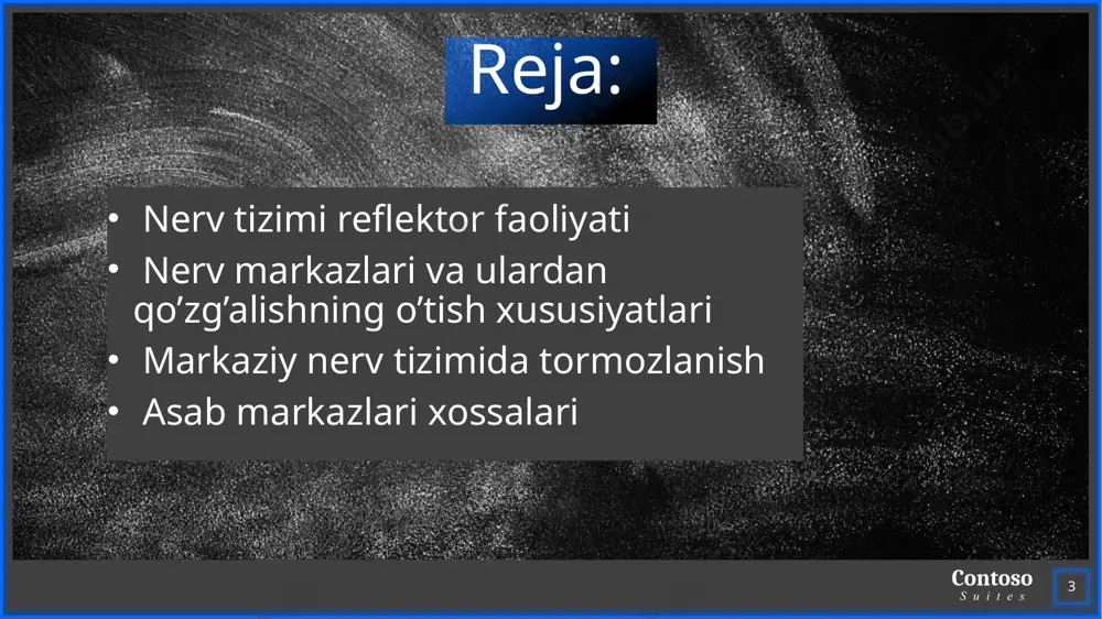 63 yili rus olimi i.m.sechenov aniqlagan. qo'zg'a lishlar nerv markazlarida yig‘ilishining ikki turi bor: vaqtli va fazoviy. ko'pchilik hollarda refleksni yuzaga keltirish uchun bitta ta ’sir yetarli bo'lmaydi. orqa miyali maymunda qadamlab yurish refleksini orqa oyoqlarini yakka kuchsiz ta ’sirlash y o'li bilan yuzaga chiqarib bo'lmaydi. ta’sirlash kuchini o'zgartirmasdan o'sha reseptor maydoni ketma-ket ritmik q o 'z g 'a t i l s a , o rq a o y o q la r in i n a v b a tm a -n a v b a t b u k ib yozish reaksiyalarini ko'rishimiz mumkin. bu vaqtli yig'ilishga misol bo'ladi. 11 contoso suites okklyuziya. ikkita reseptor maydonini bir vaqtda qo'zg'atganda,yuzaga kelgan javob reaksiyasining kattaligi alohida maydonlarni qo‘zg ‘atish natijasida hosil bo’lgan javob reaksiyalarining qo'shilishidan hosil bo'lgan kattalikdan oz bo'ladi 12 contoso suites qo'zg'alishlarni markazdan o'tishining yengilla nishi (osonlanishi). ayrim hollarda ikkita reseptor maydoni bir vaqtda qo'zg'atilsa javob reaksiyasining …