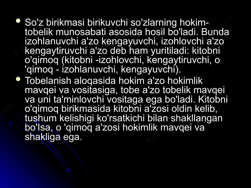sida amal qilsa, bulardan boshqa bog' lanish - tobelanish aloqasi. sb va so'z. so'z bir tushunchani ifodalaydi. sbda esa birdan ortiq tushuncha munosabatga kirishgan holda voqelanadi. so'z asosida leksema va morfema hamda ularning birikuv qonuniyati yotsa, sbga leksemalar birikuvini tartibga soluvchi lsq asos bo'ladi. aytilganidek, so'zda tushuncha, ma'no keng va mavhum bo'ladi. so'z birikmasida esa bu kenglik va mavhumlik bir qadar barham topgan bo'ladi. masalan, qiziq kitob birikmasida kitobning bir belgisi namoyon bo'lgan. shu jihatdan u muayyanlik kasb etgan. ammo bu muayyanlik nisbiy va biryoqlama. chunki uning badiiy yoki ilmiyligi hali mavhum va noaniq. qiziq badiiy kitob birikmasida bu belgi ham muayyanlik kasb etadi. so'z birikmasida so'z boshqa so'zni o'ziga biriktirib kengayishi bilan ma'noviy jihatdan torayib boradi. demak, shakliy kengayish ma'noviy torayishni keltirib chiqarsa (so'z birikmasida), shakliy torlik (so'zda) ma'noviy kenglik bilan munosib. sbda ma'nolar o'zaro munosabatga kirishar ekan, bunda ular yaxlitlanib, bir «vujud»ga aylanib ketmaydi. bir-biriga qancha yaqinlashmasin, baribir …