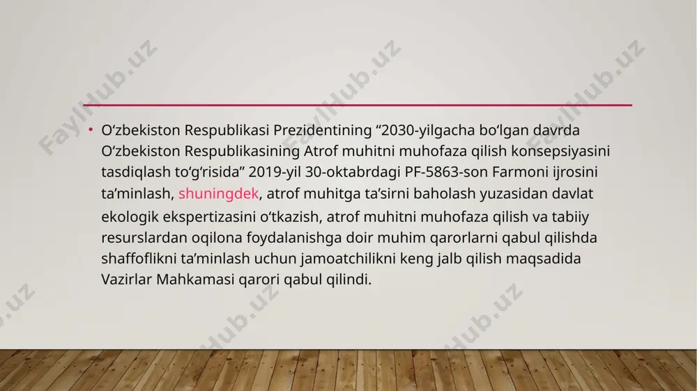 rni ayniqsa kuchli ifloslaydi va ishdan chiqaradi. tuproqda simob, qo’rg’oshin, ftor va boshqa judayam zaharli birikmalar to’planadi. bu o’simliklarga salbiy tasir ko’rsatadi, ba’zilari nobud bo’ladi va insonlarda turli xavfli kasalliklarni keltirib chiqaradi. tadqiqotchilar ifloslanishni kasallik va erta o‘lim bo‘yicha dunyodagi eng katta ekologik xavf omili deb atadi. olimlarning hisob-kitoblariga ko‘ra, har yili dunyoda har oltinchi o‘limga shu sabab bo‘ladi. bundan tashqari, atrof-muhit ifloslanishining turli shakllari tufayli 2015 yilda jahon iqtisodiyoti 4,6 trillion dollar yo‘qotdi (jahon yalpi ichki mahsulotining 6,2 foizi). e’tiboringiz uchun rahmat image2.jpeg image3.jpeg image4.jpeg image1.jpeg /docprops/thumbnail.jpeg