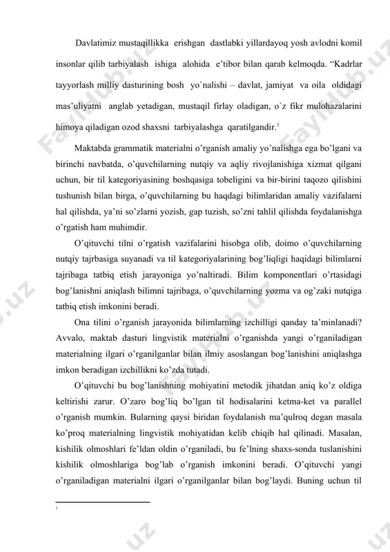 nishtirish bosqichida ham, uni mustahkamlash bosqichida ham foydalaniladi. mustaqillikning dastlabki yillaridanoq ona tili o’qitishga katta ahamiyat berila boshlandi. bunda 1989 yil 21 oktyabrda «o’zbek tiliga davlat tili maqomini berish haqida”gi qaror alohida o’rin tutadi. ta’lim sohasidagi bu o’zgarishlar ona tili o’qitish metodikasida ham bir qator imkoniyatlarni yuzaga keltirdi. bu yangiliklardan ko’plari maktablarda amaliyotga tatbiq qilinmoqda, ba’zilari hozircha sinovdan o’tkazilmoqda. shunday qilib, fan sifatida ona tili o’qitish metodikasining o’z predmeti, vazifasi, nazariy va ilmiy sohasi bo’lib, bir qator fanlar o’rtasida uning ma’lum o’rni bor. bu fan ham boshqa fanlar kabi rivojlanib, taraqqiy etib bormoqda. keyinchalik 1931 yil 5-sentyabrda qabul qilingan “boshlang’ich va o’rta maktab haqida”gi, 1932 yil 25-avgust qabul qilingan «boshlang’ich va o’rta maktab o’quv dasturlari rejimi haqida»gi qarorlar yuqoridagi kabi yo’l qo’yilgan xato va kamchiliklarni bartaraf qilishda va o’quv mashg’ulotlari tizimini ishlab chiqishda maktabga va o’qituvchilarga yordam berdi. o’quvchilarga ta’lim-tarbiya berish vazifalaridan biri ularda ilmiy dunyoqarash elementlarini shakllantirishdir. bu vazifani …