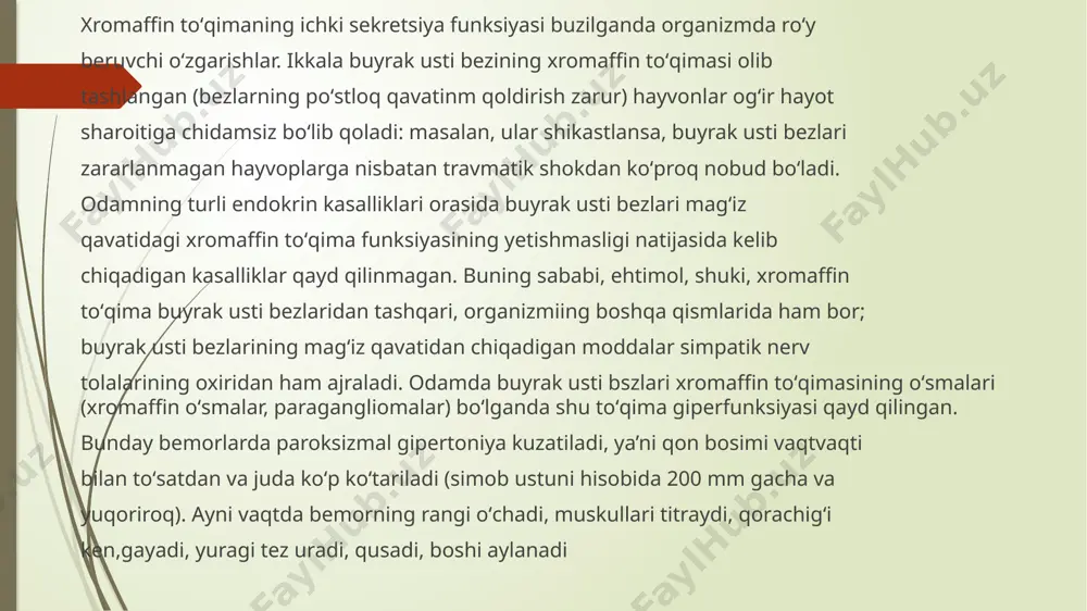 ollar ksngayadi. boshqa ba’zi organlarning silliq muskullari adrenalin ta’sirida qisqaradi. masalan koʻz rangdor pardasining radial muskullarini adrenalin qisqartiradi, natijada qorachiqlar kengayadi. sochni koʻtaruvchi teri silliq muskullari pilomotorlar) qisqarishi tufayli soch tikka turadi («gʻoz terisi»). buyrak usti bezlari xromaffin toʻqimasi ichki sekretsiya funksiyasining nerv sistemasi tomonidan boshqarilishi(nerv regulyatsiyasi) buyrak usti bezlariga innervatsiya beradigan qorin nervi ta’sirlansa— adrenalin sekretsiyasi kuchayishini, bu nerv qirqib qoʻyilganda esa adrenalin sekretsiyasi kamayishini 1910-yilda m. n. chebonsarov koʻrsatib bergan. bundan anglashiladiki, buyrak usti bezlarining xromaffin toʻqimasidan gormon chiqishini nerv sistemayei qorin nervi tarkibidagi simpatik nerv tolalari orqali boshqaradi. buyrak usti bezlari xromaffin toʻqimasining ichki sekretsiya funksiyasini boshqaruvchi markaz oliy vegetativ markazlar joylashgan gipotalamusdadir. tajribada gipotalamusga ta’sir etilganda qondagi katexolaminlar miqdori ortib ketadi. buyrak usti bezlarining sekretor nervlari ta’sirlanganda adrenalin chiqishi ham, noradrenalin chiqishi ham kuchayadi. adrenalin dastlab poradrenalinga nisbatan bir muncha ortiq chiqadi, lekin ta’sirot davom etaversa, borabora adrenalin chiqishi kamayib, ioradrenalin koʻproq chiqadi. buyrak usti bezlarining …