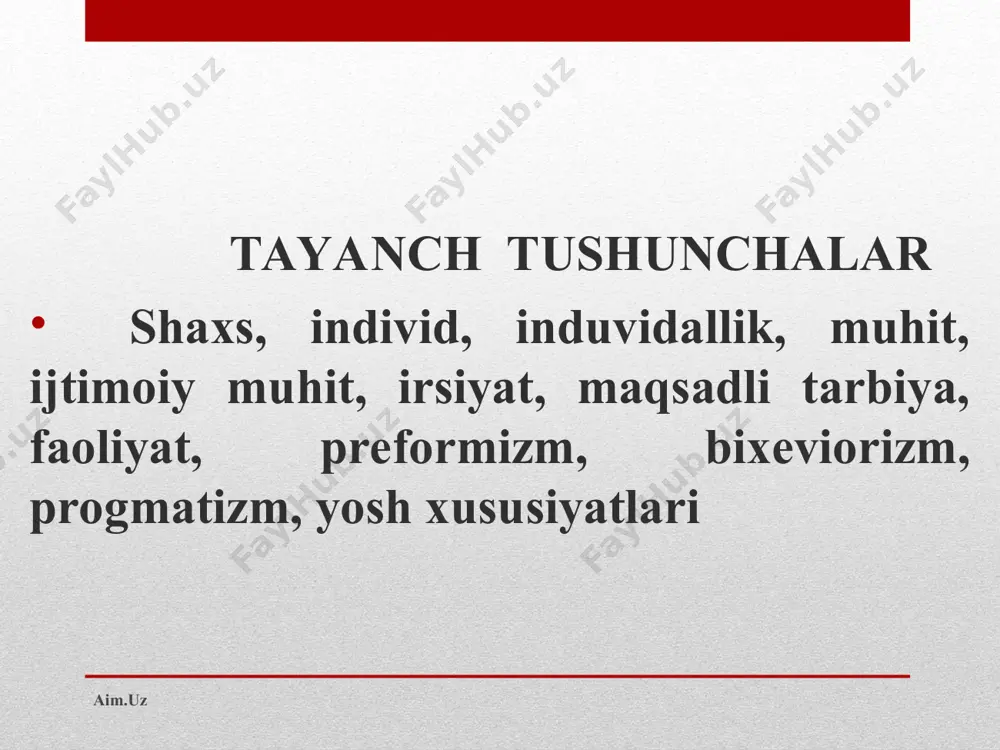 aqliy va jismoniy jihatdan tez o’sadi. bolaning bo’yi bu davrda yiliga o’rtacha 6sm, og’irligi esa 1-2kg o’sadi. aim.uz aim.uz o’smirlar. 12-13 yoshdan 15-16 yoshgacha bo’lgan bolalar. bu davrda bolaning jismoniy va ruhiy taraqqiyotida keskin o’zgarishlar ro’y berishi sababli bu davr o’sish davri deyiladi. qiz bolalar 13-15yoshda, o’g’il bolalar 16-17yoshdabalog’atga yetadi. aim.uz aim.uz o’spirinlik. 16yoshdan 18yoshgacha, hatto 22yoshgacha davom etadi. bolada fikrlash rivojlanadi, dunyoqarash shakllangan bo’ladi. gavda qomatlari to’lishadi, faoliyatning asosiy turi o’qish bo’ladi. o’z-o’ziga baho berishga intiladi. aim.uz aim.uz e’tiboringiz uchun rahmat. aim.uz aim.uz