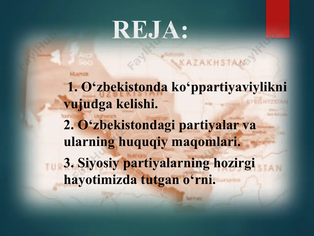 ali bo’lib, unda ko’p sonli ishtirokchilar, yahni siyosat subhektlari ishtirok etadi. bu ishtirokchilar orasida eng ko’zga ko’rinarli o’rinlardan birini siyosiy partiyalar egallaydi. bugungi rivojlangan dunyoda siyosiy partiya mavjud bo’lmagan davlat borligini tasavvur qilish mushkul, deyarli barcha davlatlarda ikki yoki ko’ppartiyaviy tizim mavjud. sivilizatsiyaning eng muxim yutuqlaridan bo’lmish siyosiy partiyalar ijtimoiy xayotdagi demokratiya va barqarorlikni tahminlashda asosiy omillardan biri bo’lib, u ijtimoiy tashkilotlar orasida eng siyosiylashgan tashkilotdir. o‘zbekistondagi siyosiy partiyalar oʻzbekiston xalq demokratik partiyasi oʻzbekiston „adolat“ sotsial demokratik partiyasi oʻzbekiston milliy tiklanish demokratik partiyasi oʻzbekiston ekologik partiyasi oʻzbekiston liberal-demokratik partiyasi o‘zbekistondagi siyosiy partiyalar oʻzbekiston respublikasi mustaqil boʻlganidan soʻng siyosiy partiyalarning shakllanishi va faoliyat olib borishiga imkoniyat yaratildi. mamlakatda hozirgi paytda 5 ta siyosiy partiya (oʻzbekiston xalq demokratik partiyasi, oʻzbekiston „adolat“ sotsial demokratik partiyasi, oʻzbekiston milliy tiklanish demokratik partiyasi, oʻzbekiston liberal-demokratik partiyasi, oʻzbekiston ekologik partiyasi) mavjud. „siyosiy partiya" tushunchasi „siyosiy partiya" tushunchasining lug’aviy mahnosi nima, uning paydo bo’lishi va keyingi tarixi qaysi …