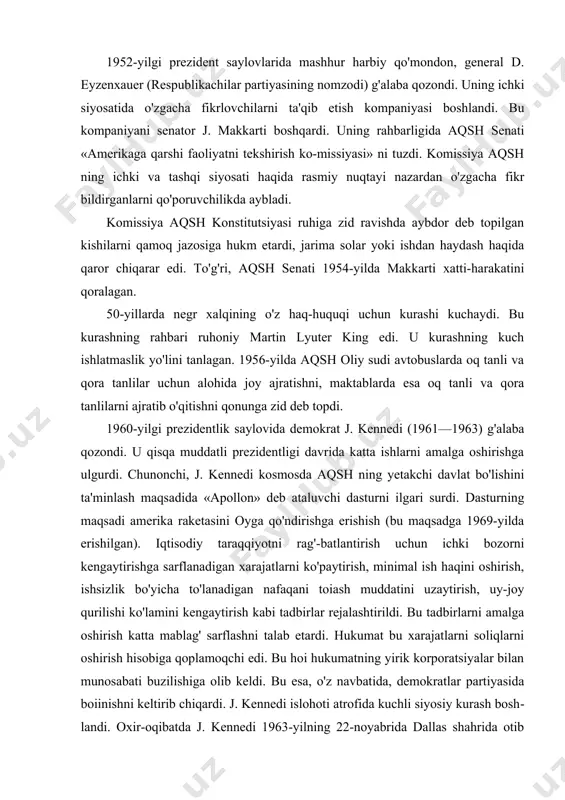 gaytirish kabi tadbirlar rejalashtirildi. bu tadbirlarni amalga oshirish katta mablag' sarflashni talab etardi. hukumat bu xarajatlarni soliqlarni oshirish hisobiga qoplamoqchi edi. bu hoi hukumatning yirik korporatsiyalar bilan munosabati buzilishiga olib keldi. bu esa, o'z navbatida, demokratlar partiyasida boiinishni keltirib chiqardi. j. kennedi islohoti atrofida kuchli siyosiy kurash bosh​landi. oxir-oqibatda j. kennedi 1963-yilning 22-noyabrida dallas shahrida otib oidirildi. prezident kimlarning buyurtmasi bilan oidirilganligi haligacha nomaiumligicha qolmoqda. undan so'ng pre​zidentlik lavozimini vitse-prezident l. jonson egalladi. u «buyuk jamiyat» qurish dasturini ilgari surdi va o'z oldiga kambag'allikni hamda irqiy adolatsizlikni tugatish vazifasini qo'ydi. «kambag'allikka qarshi kurash» dasturini amalga oshirish maqsadida kam daromadli oilalarga yordam berish to'g'risida qonun qabul qilindi. arzon turar joylar qurish dasturi amalga oshirildi. qariyalar uchun tibbiy sug'urta joriy etildi. kam daromadli oilalarga esa tibbiy xizmat uchun imtiyozlar belgilandi. 1964—1968-yillar davomida ijtimoiy sohalar uchun 10 mln. dollar sarflandi. to'g'ri, mamlakatda kambag'allikni tugatib boimadi. biroq kambag'allar sonini 36,4 mln kishidan 25,4 mln …